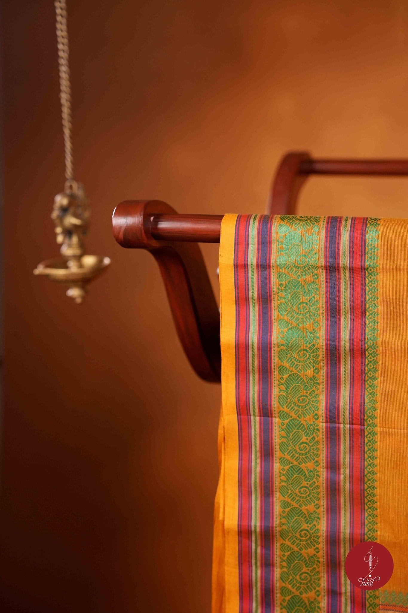 Handloom Cotton Saree - Mustard with green - House of Tuhil