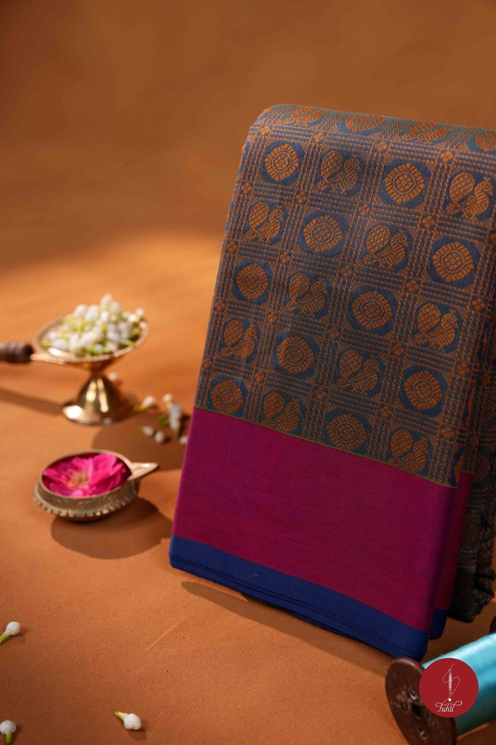 Handloom South Cotton Saree - Mayil Kazhuthu or Peacock Blue Green - House of Tuhil