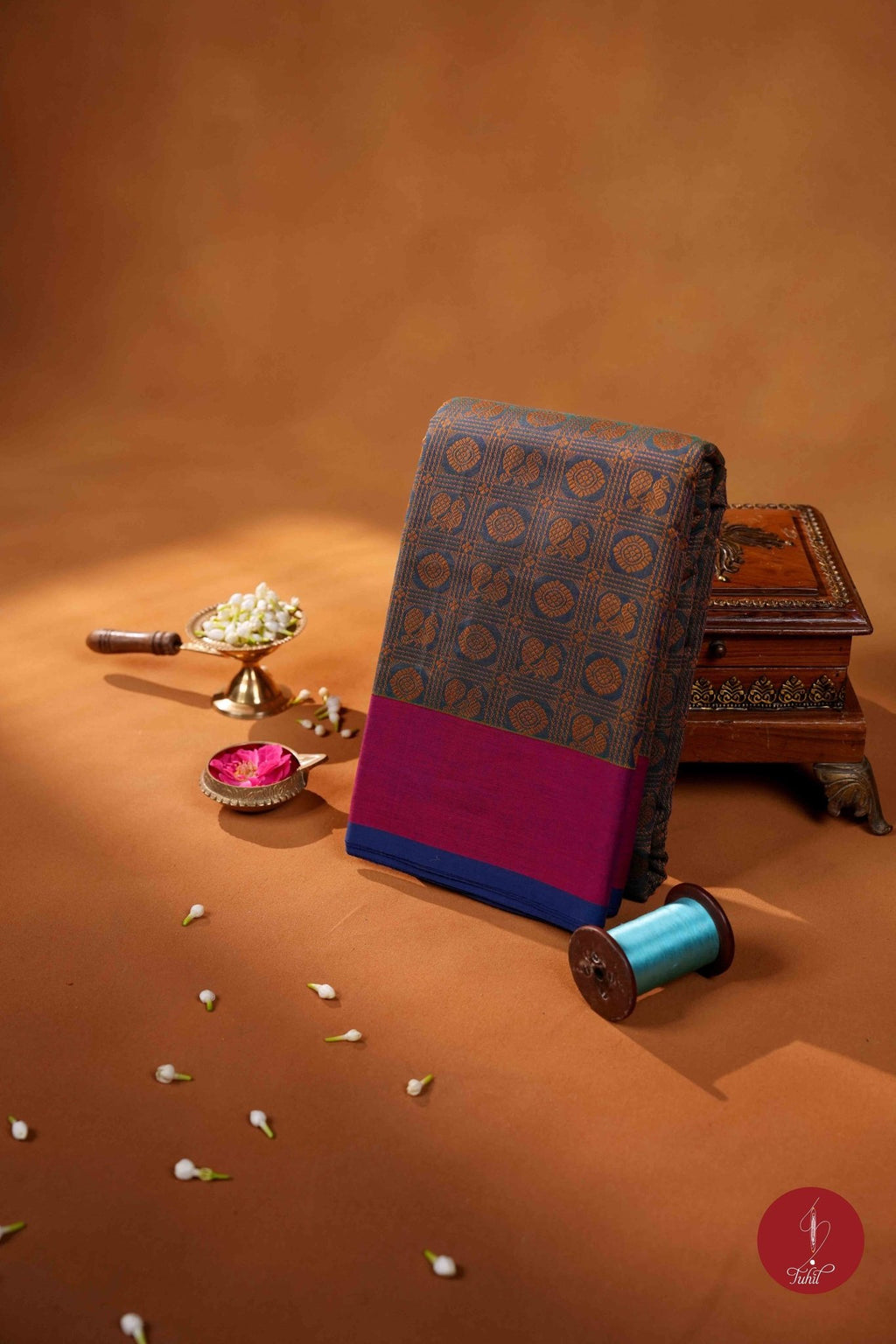 Handloom South Cotton Saree - Mayil Kazhuthu or Peacock Blue Green - House of Tuhil