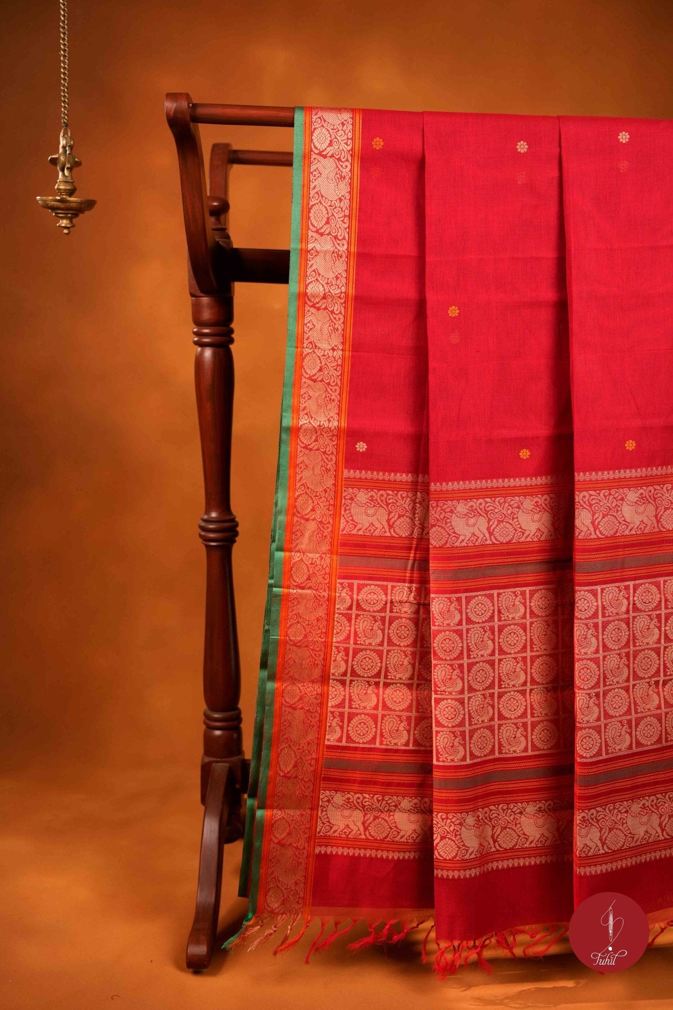 Handloom South Cotton Saree - Red with Green - House of Tuhil