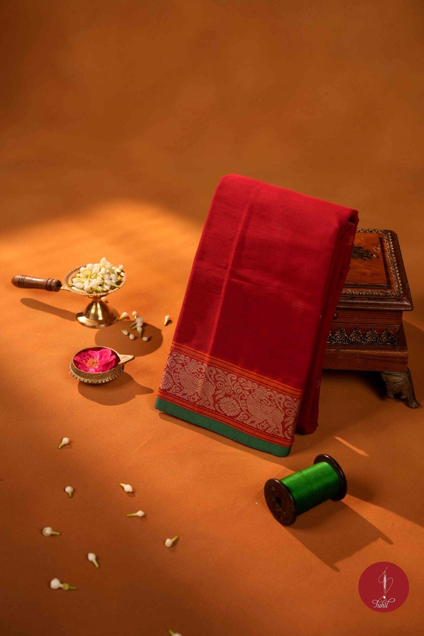 Handloom South Cotton Saree - Red with Green - House of Tuhil