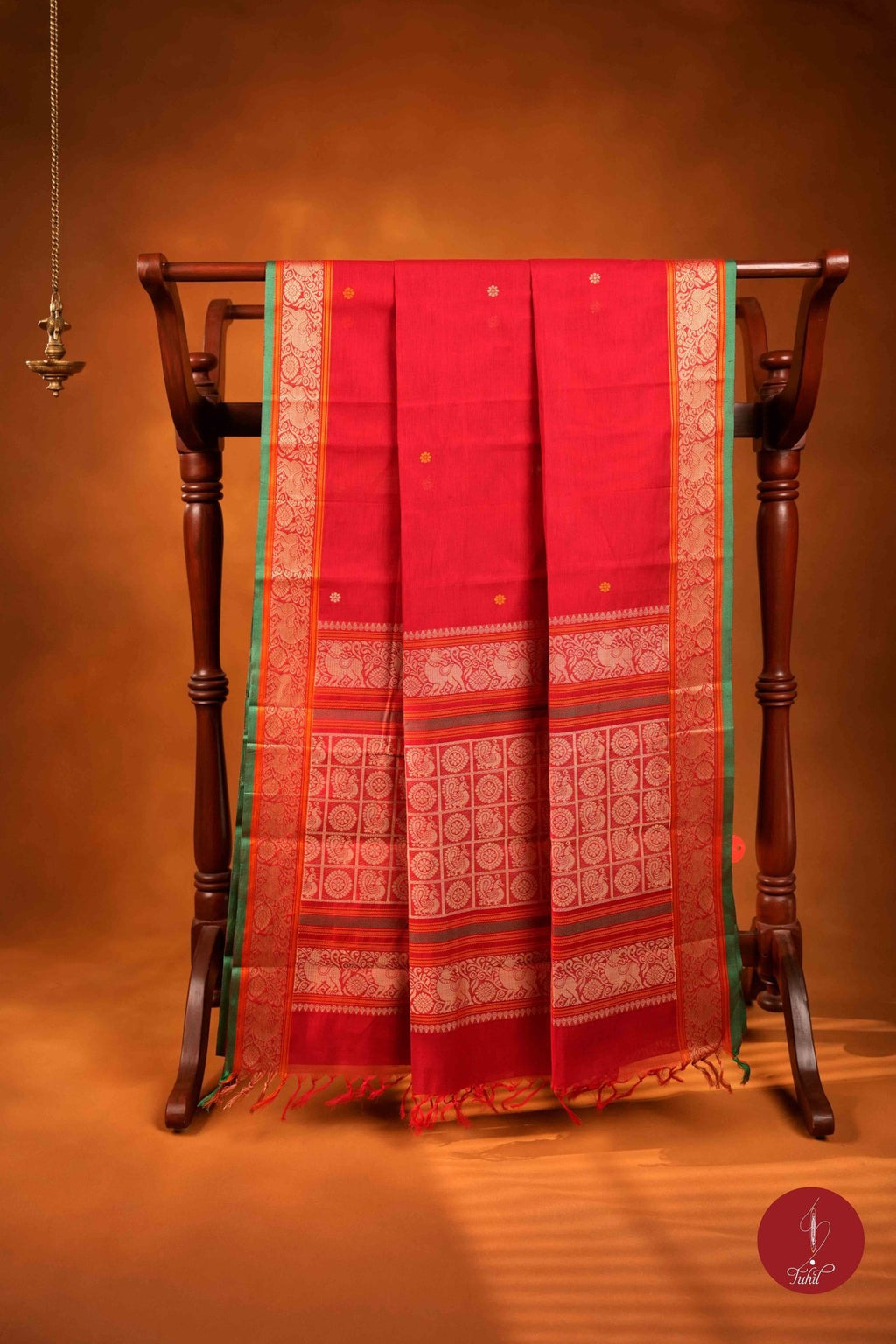 Handloom South Cotton Saree - Red with Green - House of Tuhil