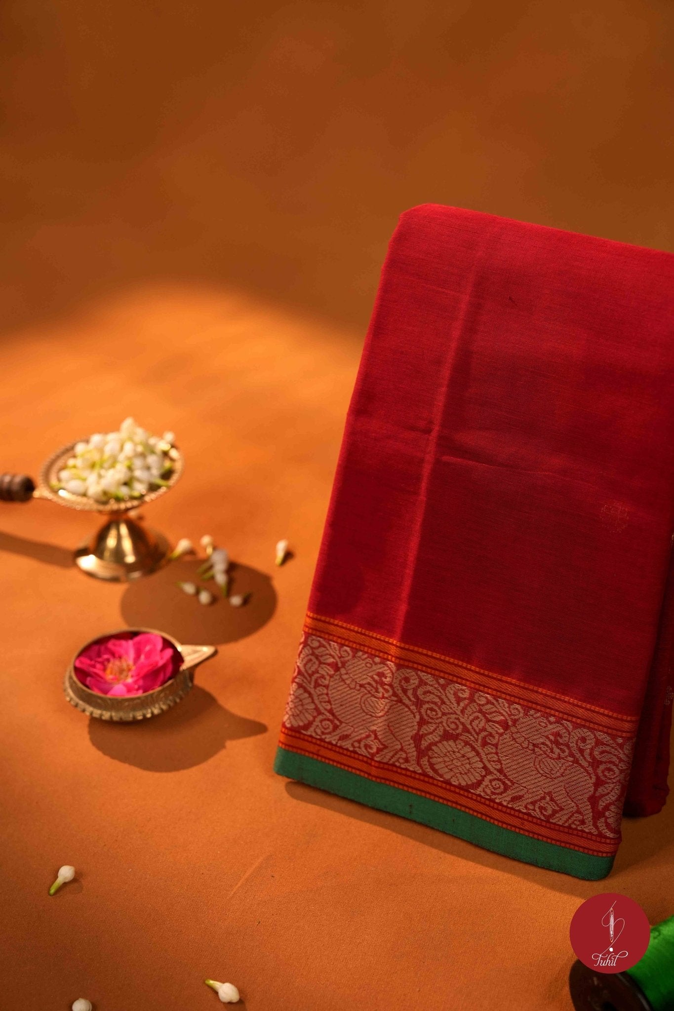 Handloom South Cotton Saree - Red with Green - House of Tuhil