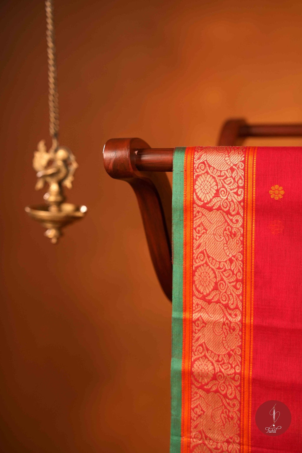 Handloom South Cotton Saree - Red with Green - House of Tuhil