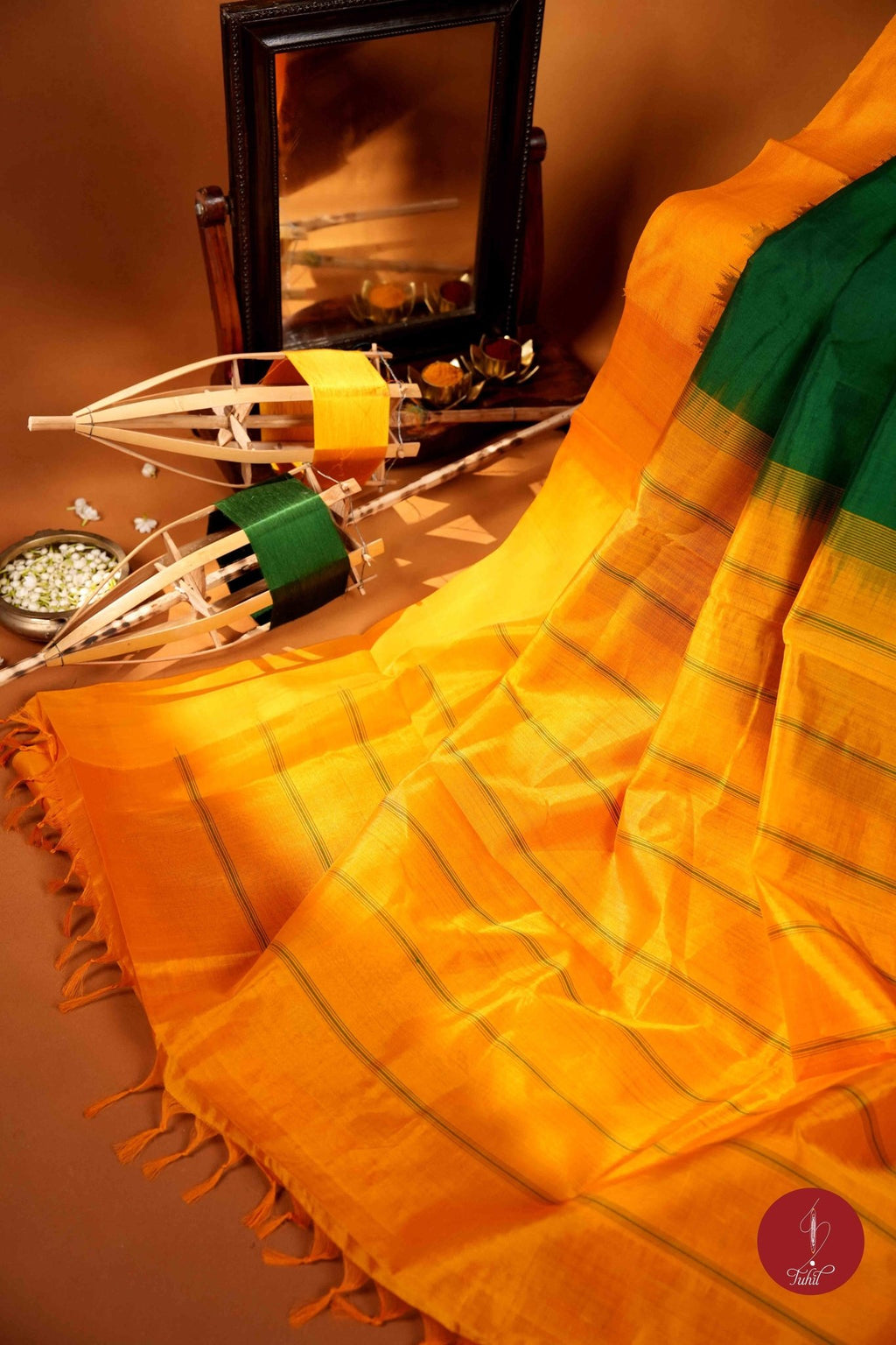 Kanchipuram Silk Cotton - Green with Yellow Mustard - House of Tuhil