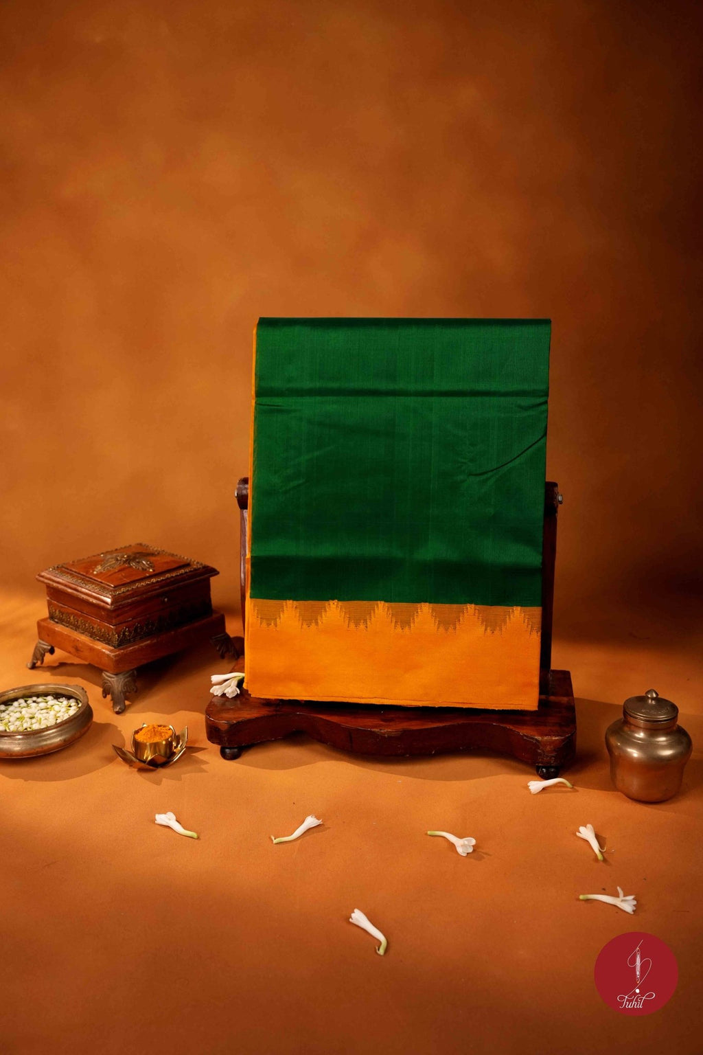 Kanchipuram Silk Cotton - Green with Yellow Mustard - House of Tuhil