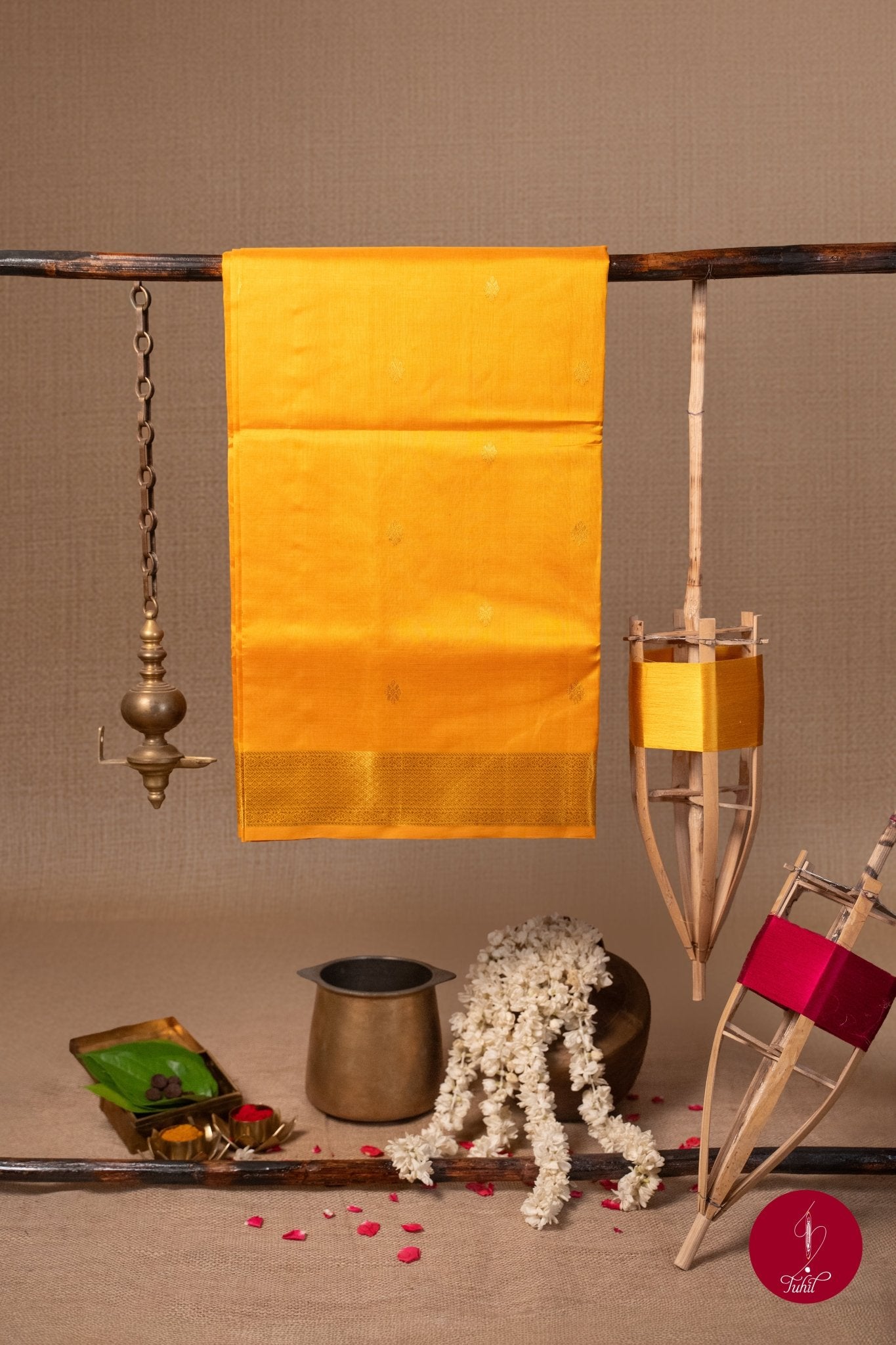 Kanchipuram Silk Cotton Saree - Mango Yellow - House of Tuhil