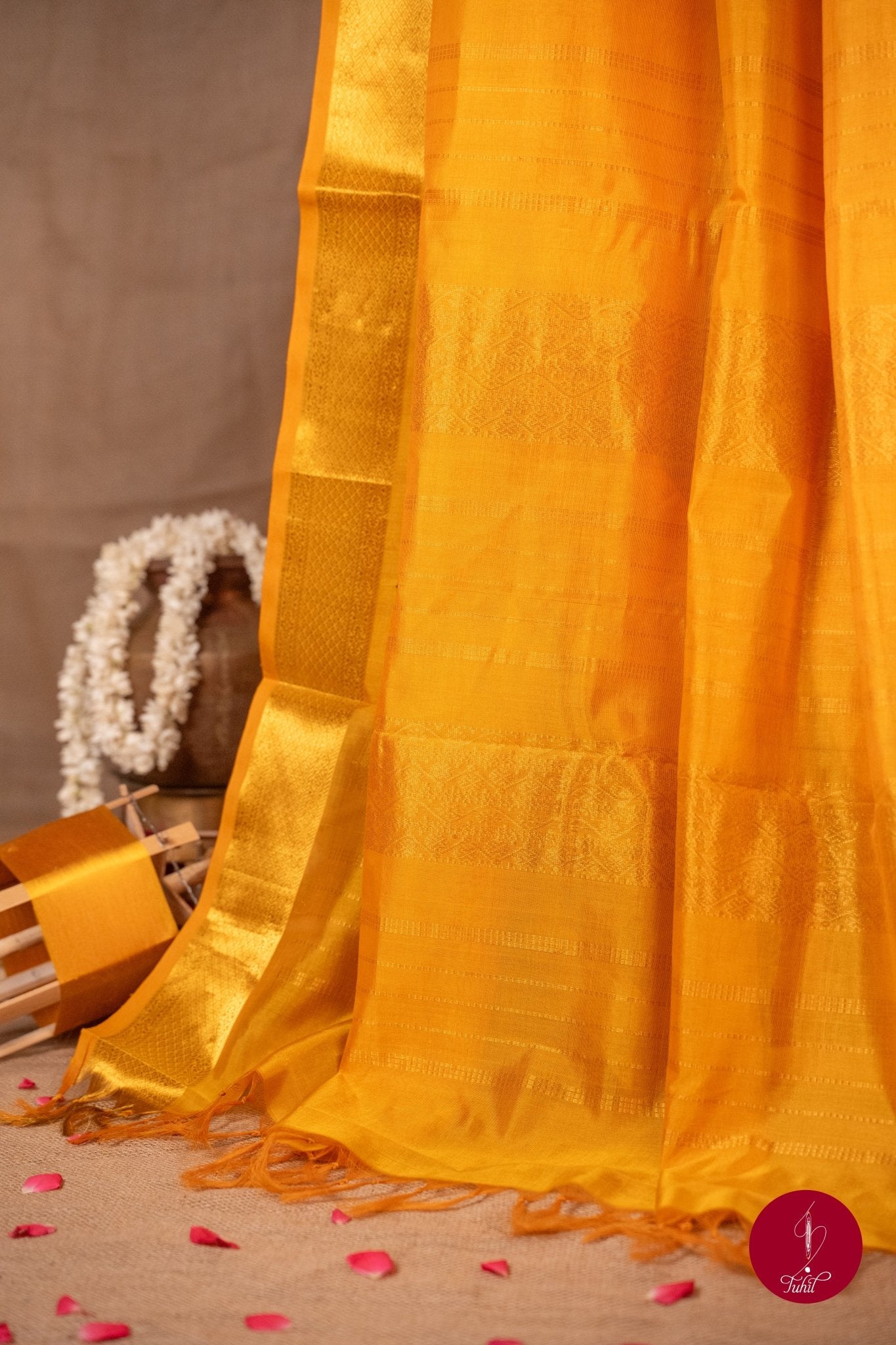 Kanchipuram Silk Cotton Saree - Mango Yellow - House of Tuhil