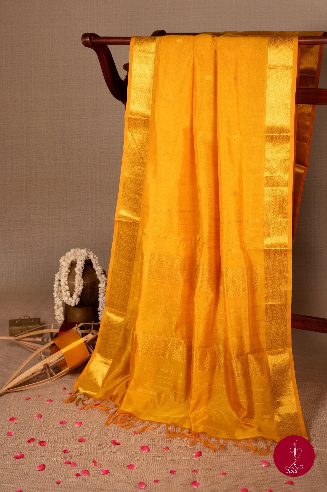Kanchipuram Silk Cotton Saree - Mango Yellow - House of Tuhil