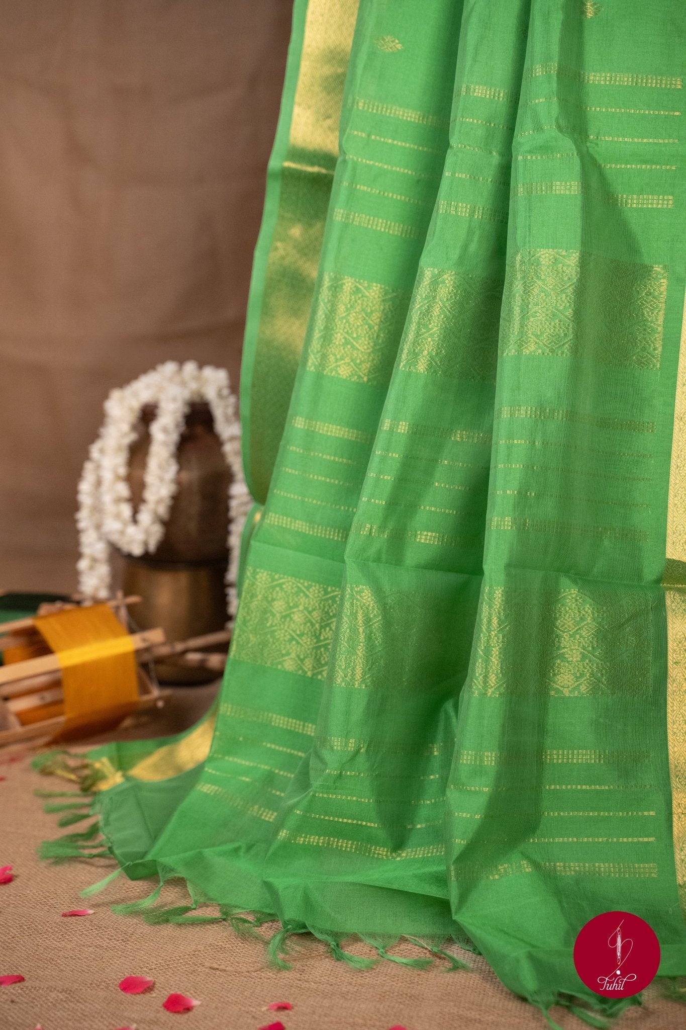 Kanchipuram Silk Cotton Saree - Parrot Green - House of Tuhil