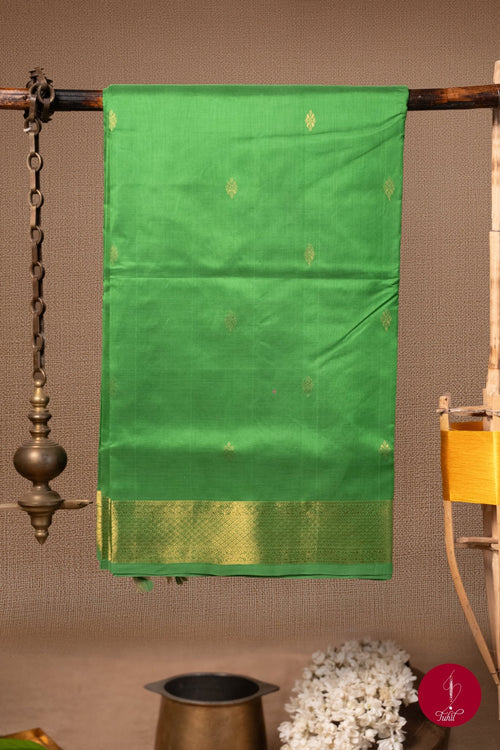 Kanchipuram Silk Cotton Saree - Parrot Green - House of Tuhil