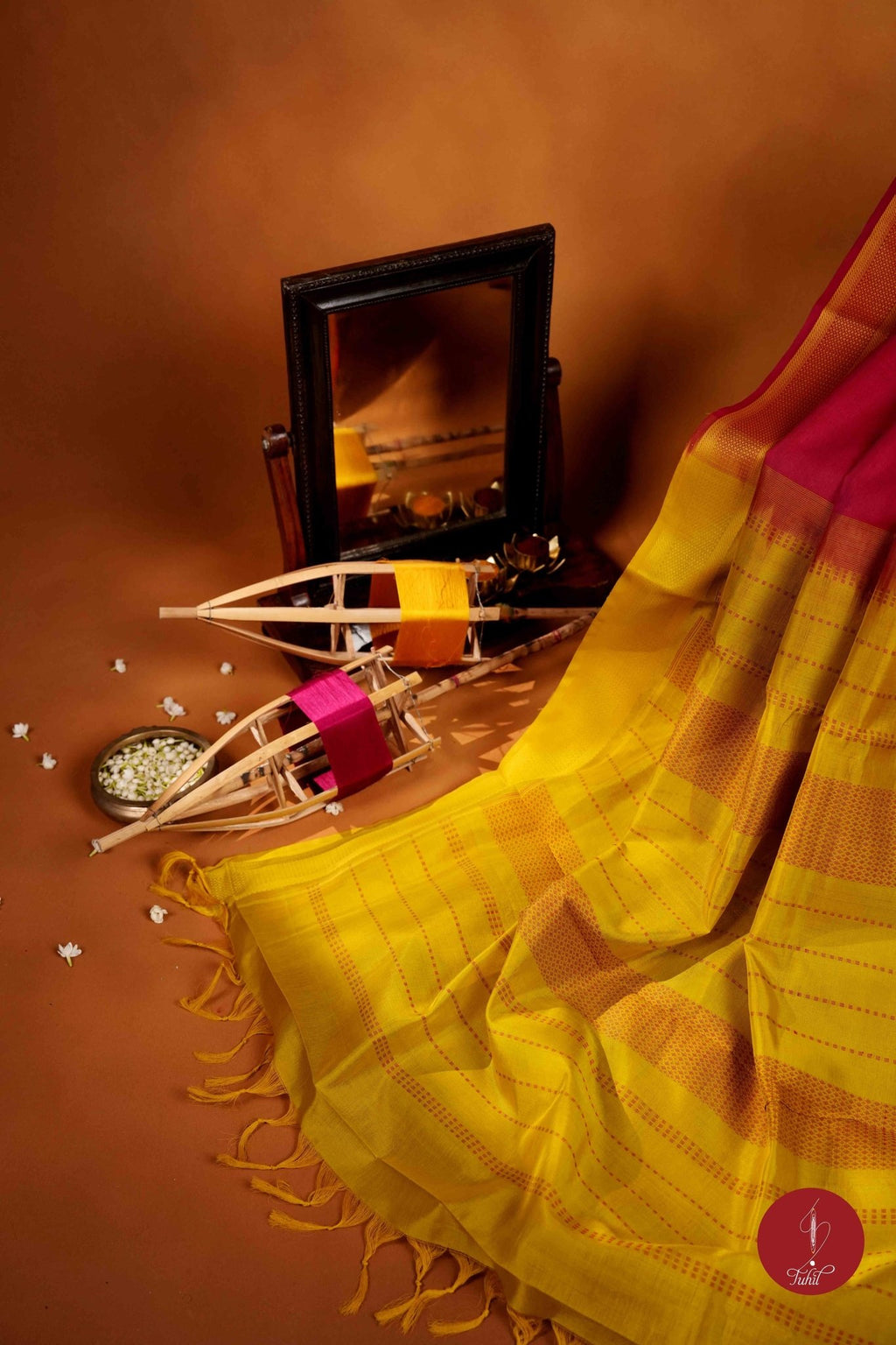 Kanchipuram Silk Cotton Saree - Red with Lime Yellow - House of Tuhil