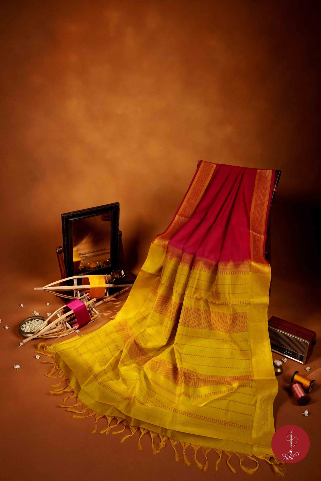Kanchipuram Silk Cotton Saree - Red with Lime Yellow - House of Tuhil