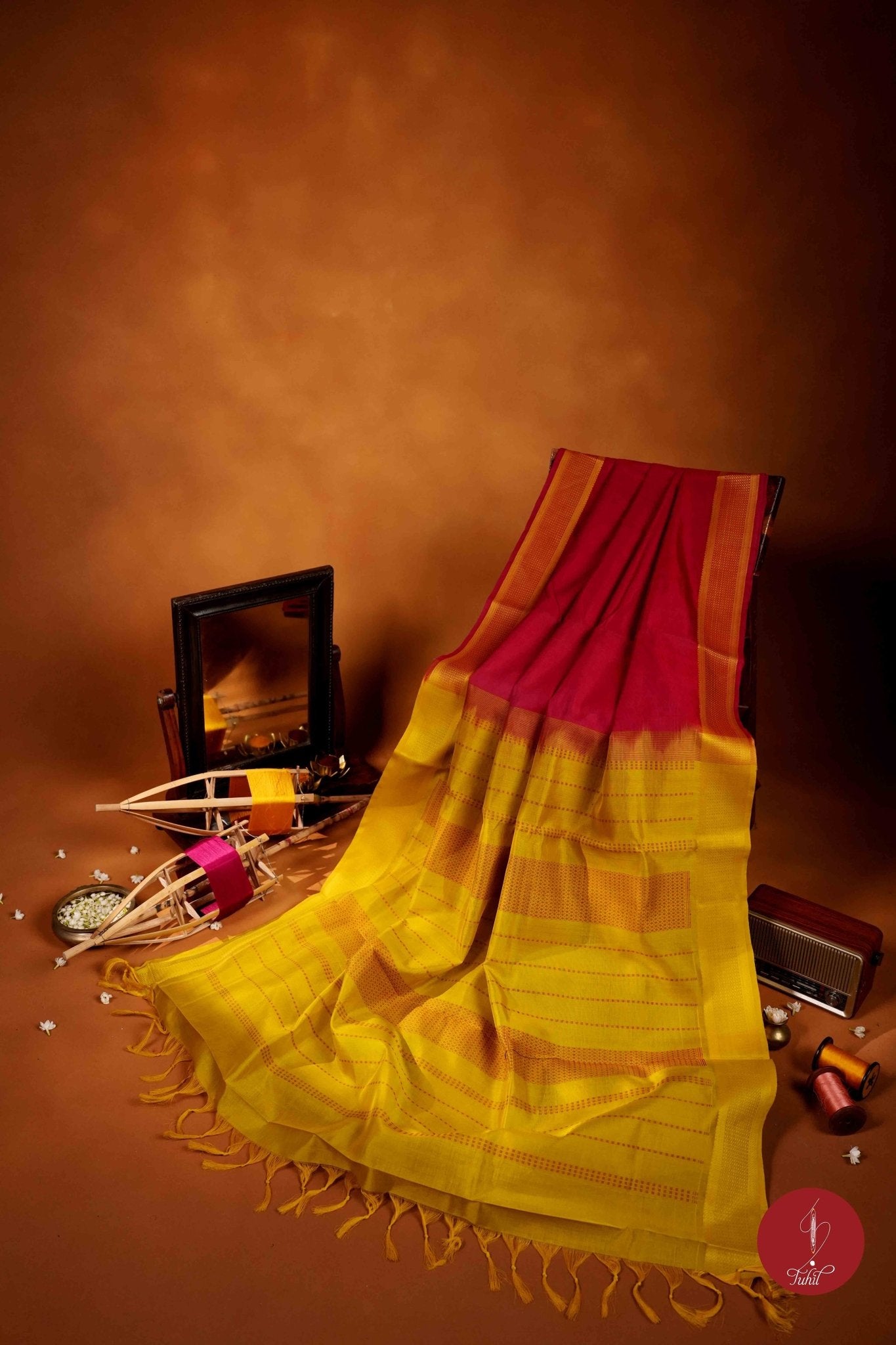 Kanchipuram Silk Cotton Saree - Red with Lime Yellow - House of Tuhil