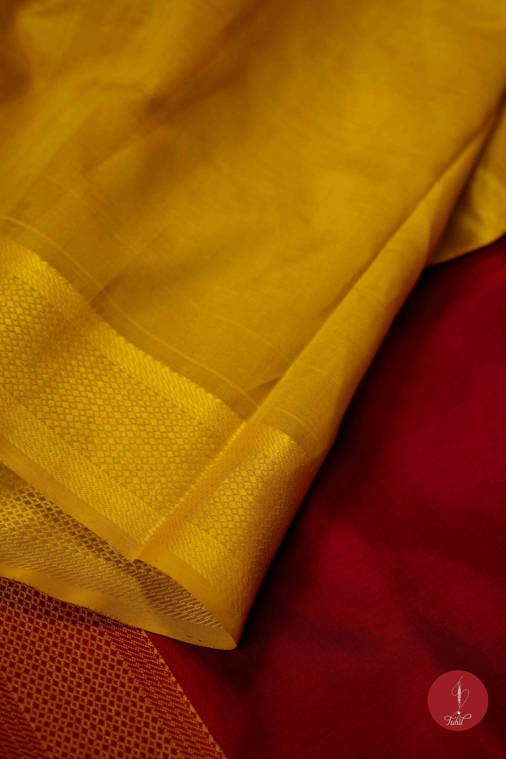 Kanchipuram Silk Cotton Saree - Red with Lime Yellow - House of Tuhil