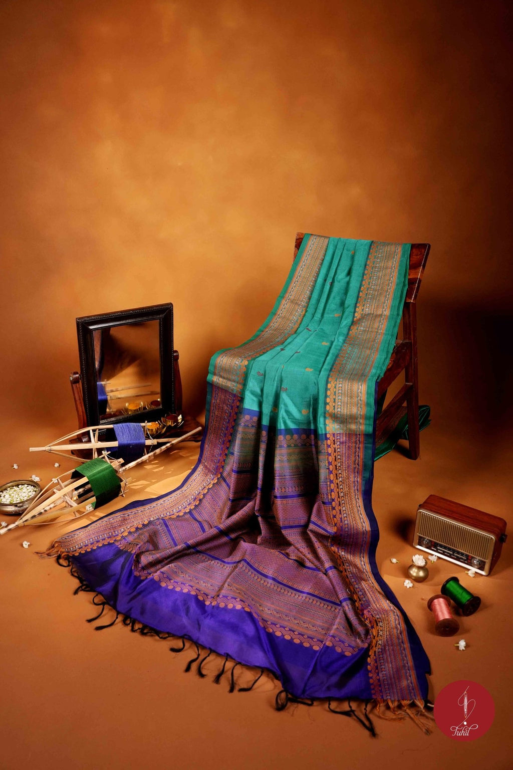Kanchipuram Silk Cotton Saree - Sea Green with Deep Royal Blue Thread Work - House of Tuhil