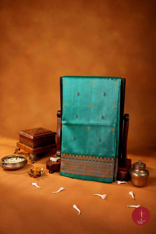 Kanchipuram Silk Cotton Saree - Sea Green with Deep Royal Blue Thread Work - House of Tuhil
