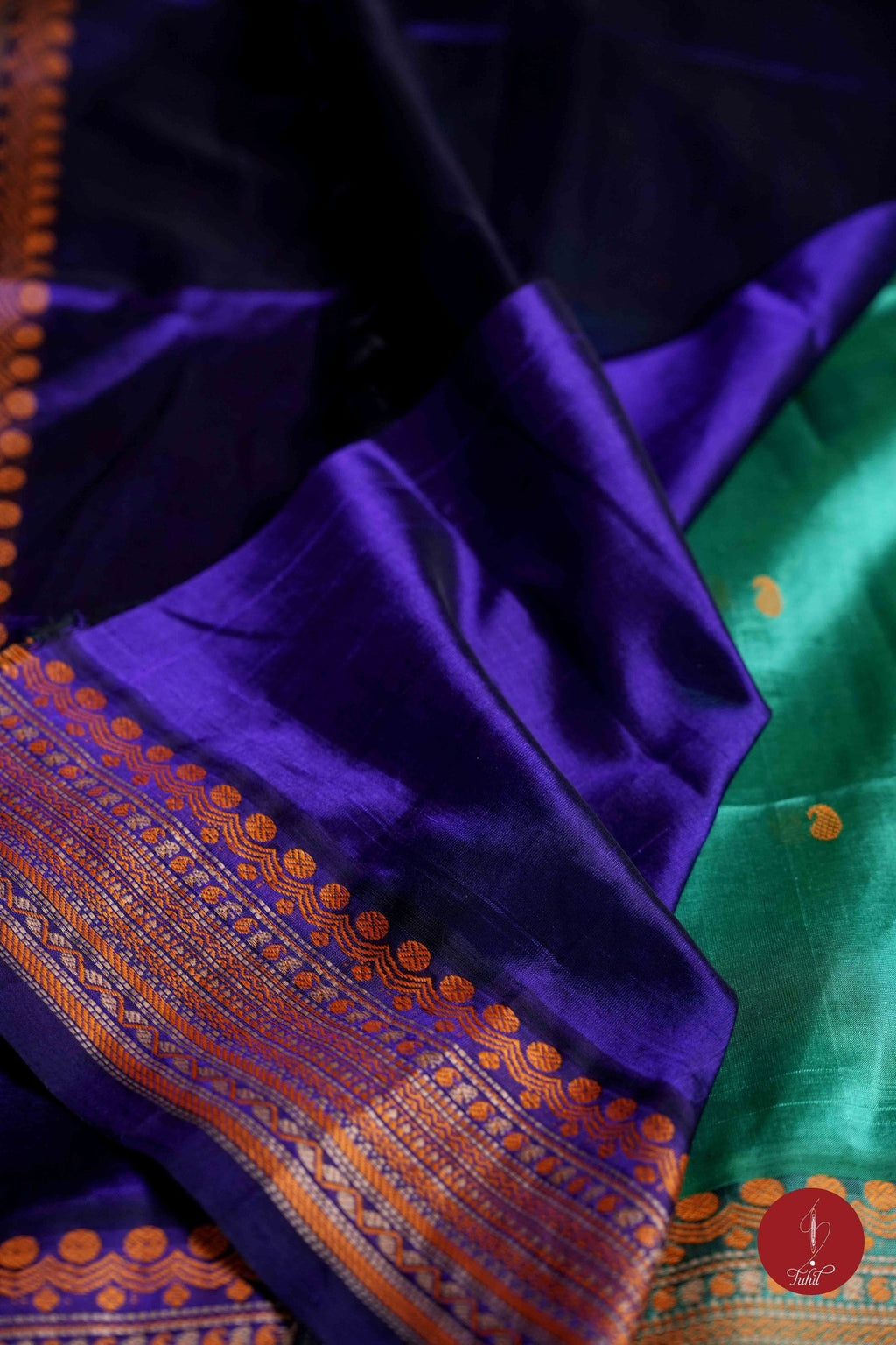 Kanchipuram Silk Cotton Saree - Sea Green with Deep Royal Blue Thread Work - House of Tuhil