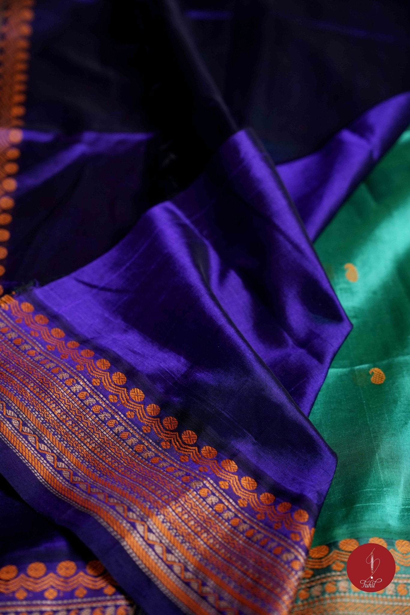Kanchipuram Silk Cotton Saree - Sea Green with Deep Royal Blue Thread Work - House of Tuhil