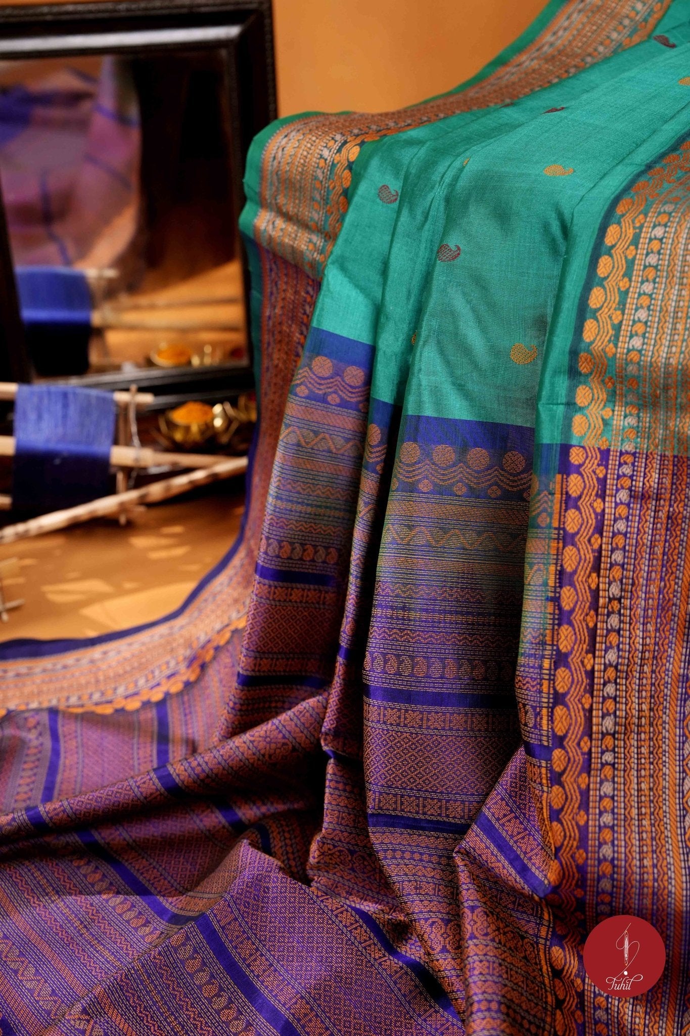 Kanchipuram Silk Cotton Saree - Sea Green with Deep Royal Blue Thread Work - House of Tuhil