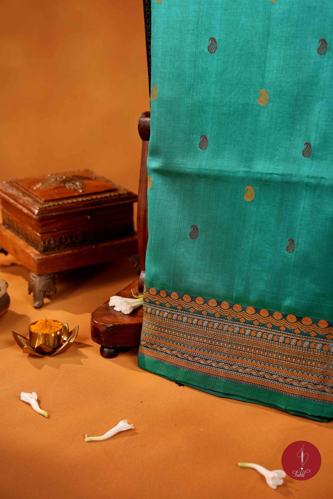 Kanchipuram Silk Cotton Saree - Sea Green with Deep Royal Blue Thread Work - House of Tuhil