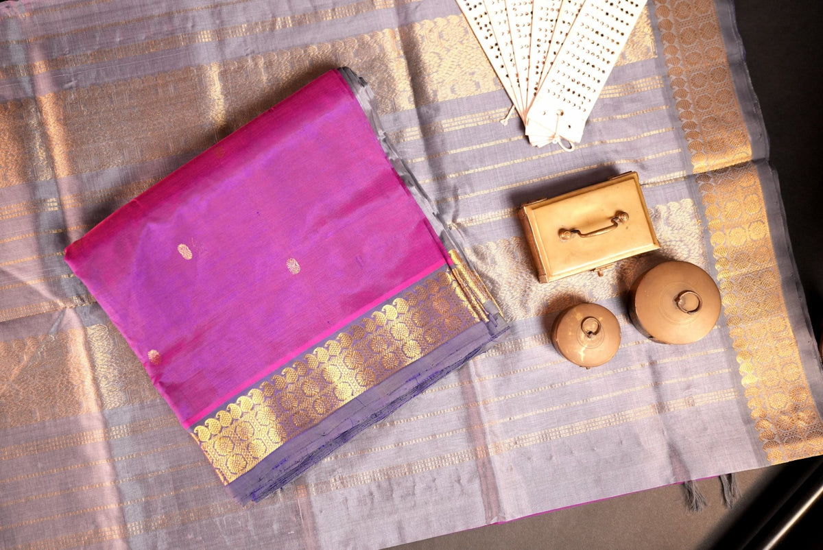 Kanchipuram Silk Cotton Saree * Tanishq Singapore - Pushpa Vriksha - Vadamalli with Grey - House of Tuhil