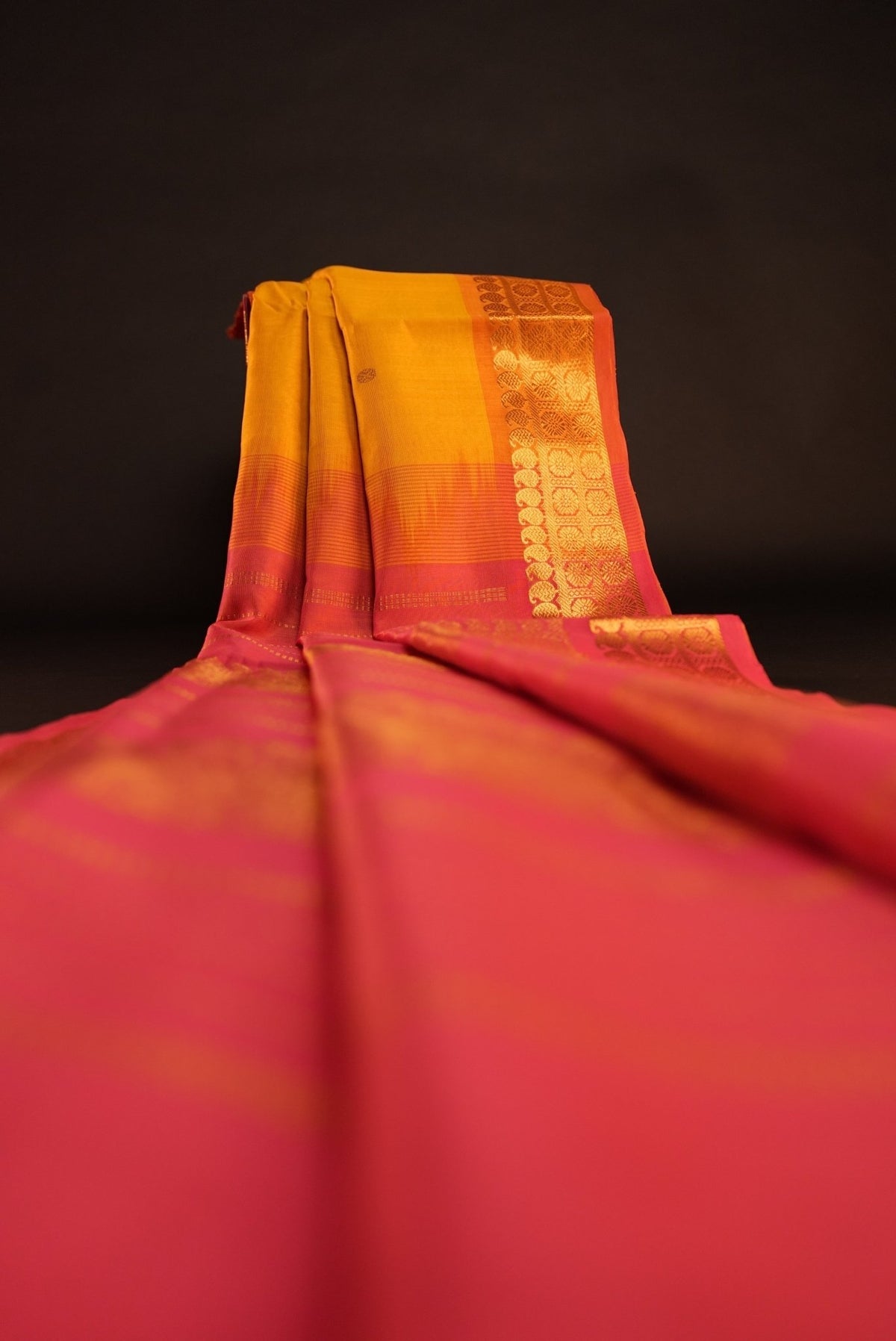 Kanchipuram Silk Cotton Saree * Tanishq Singapore - Pushpa Vriksha - Yellow with Pink - House of Tuhil
