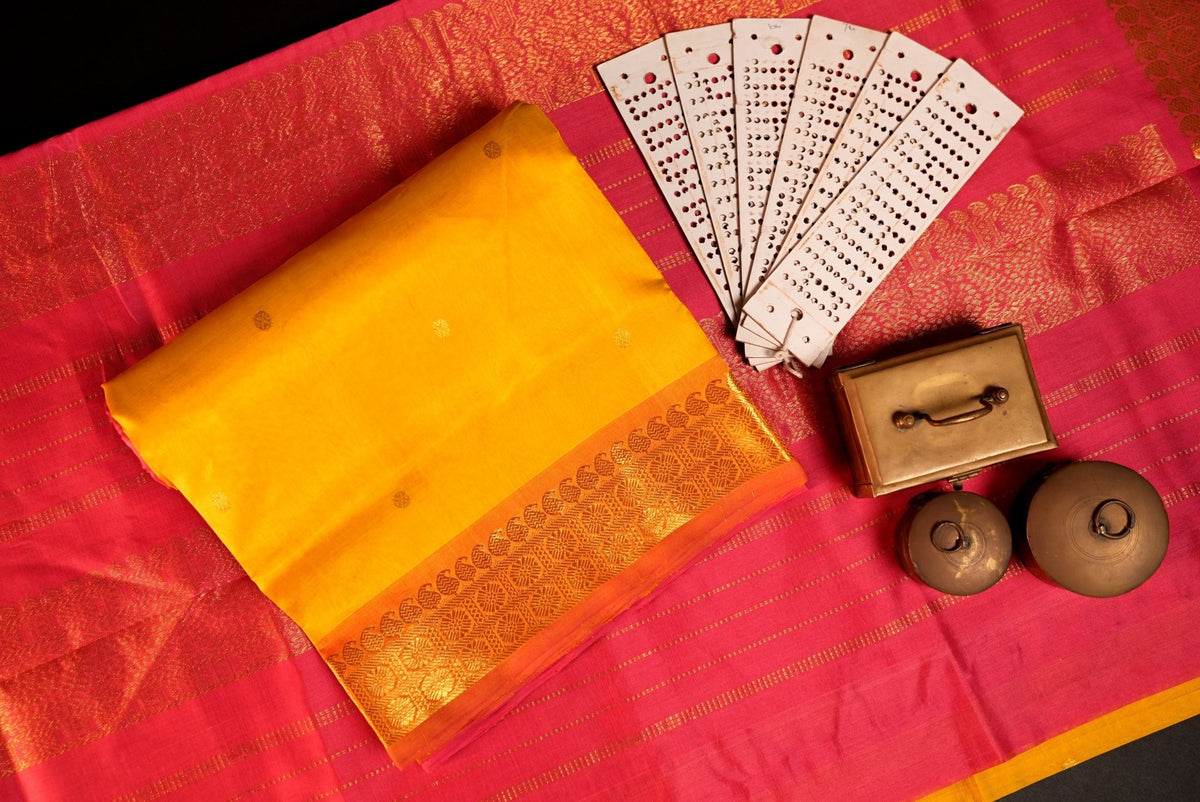 Kanchipuram Silk Cotton Saree * Tanishq Singapore - Pushpa Vriksha - Yellow with Pink - House of Tuhil