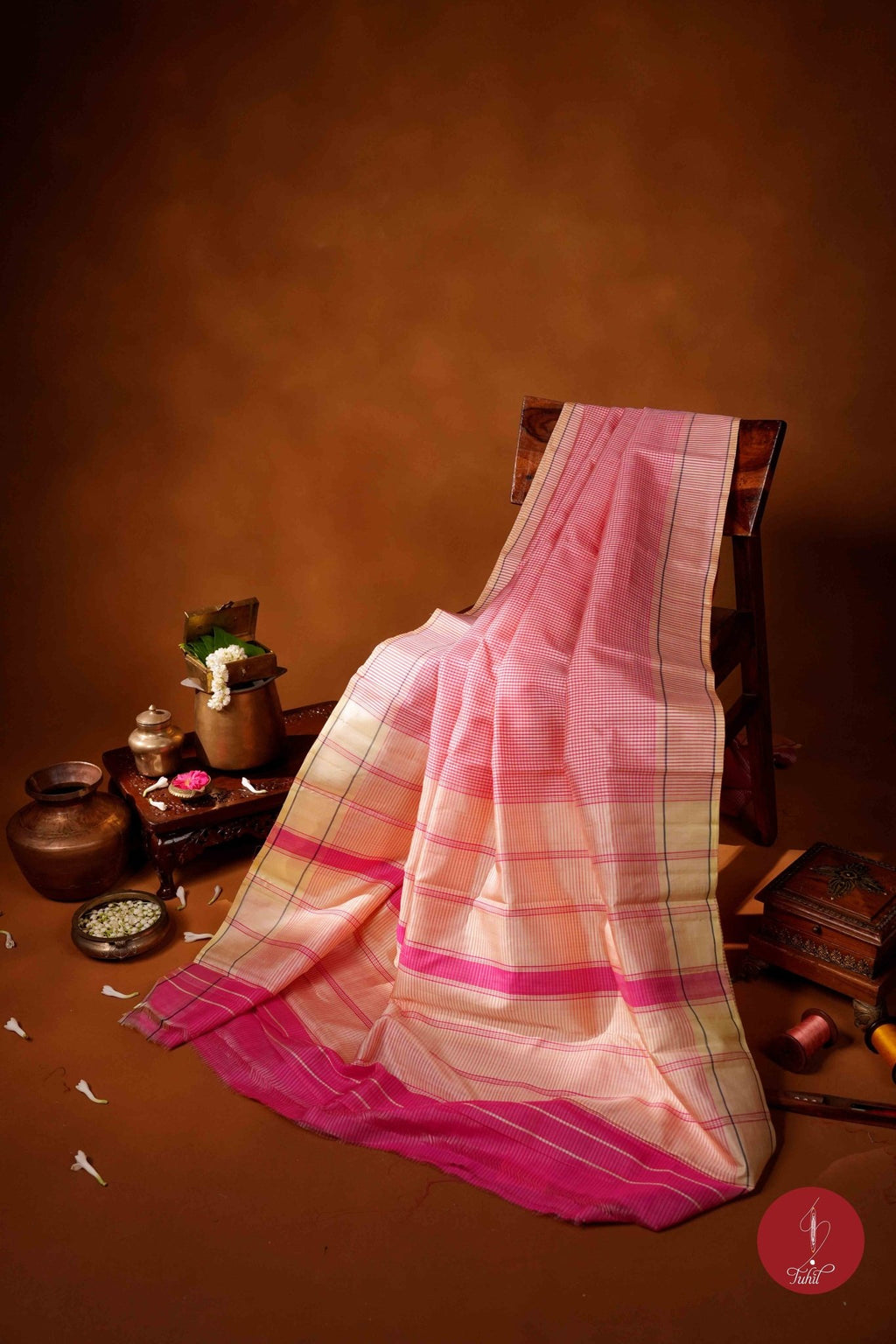 Koorainadu Saree - Silk Cotton - Bright Pink and Ivory - House of Tuhil
