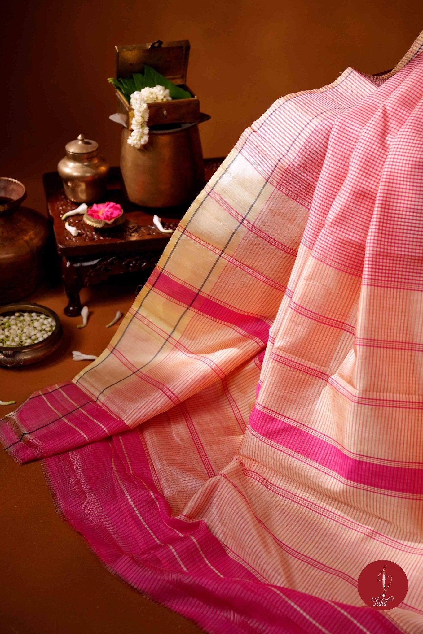 Koorainadu Saree - Silk Cotton - Bright Pink and Ivory - House of Tuhil