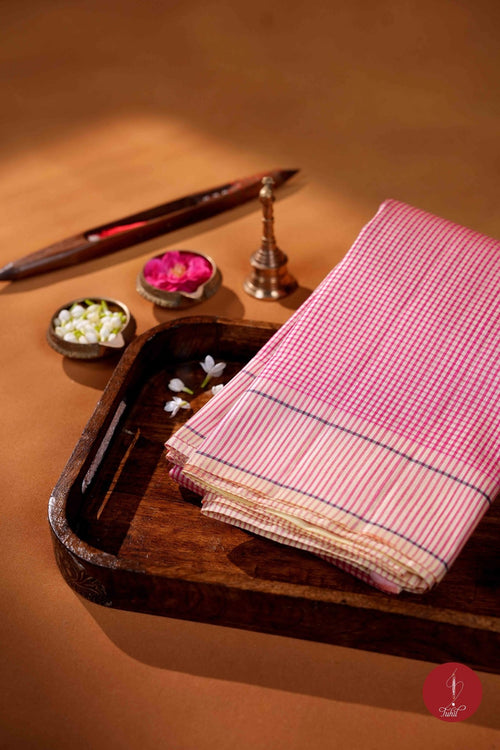 Koorainadu Saree - Silk Cotton - Bright Pink and Ivory - House of Tuhil