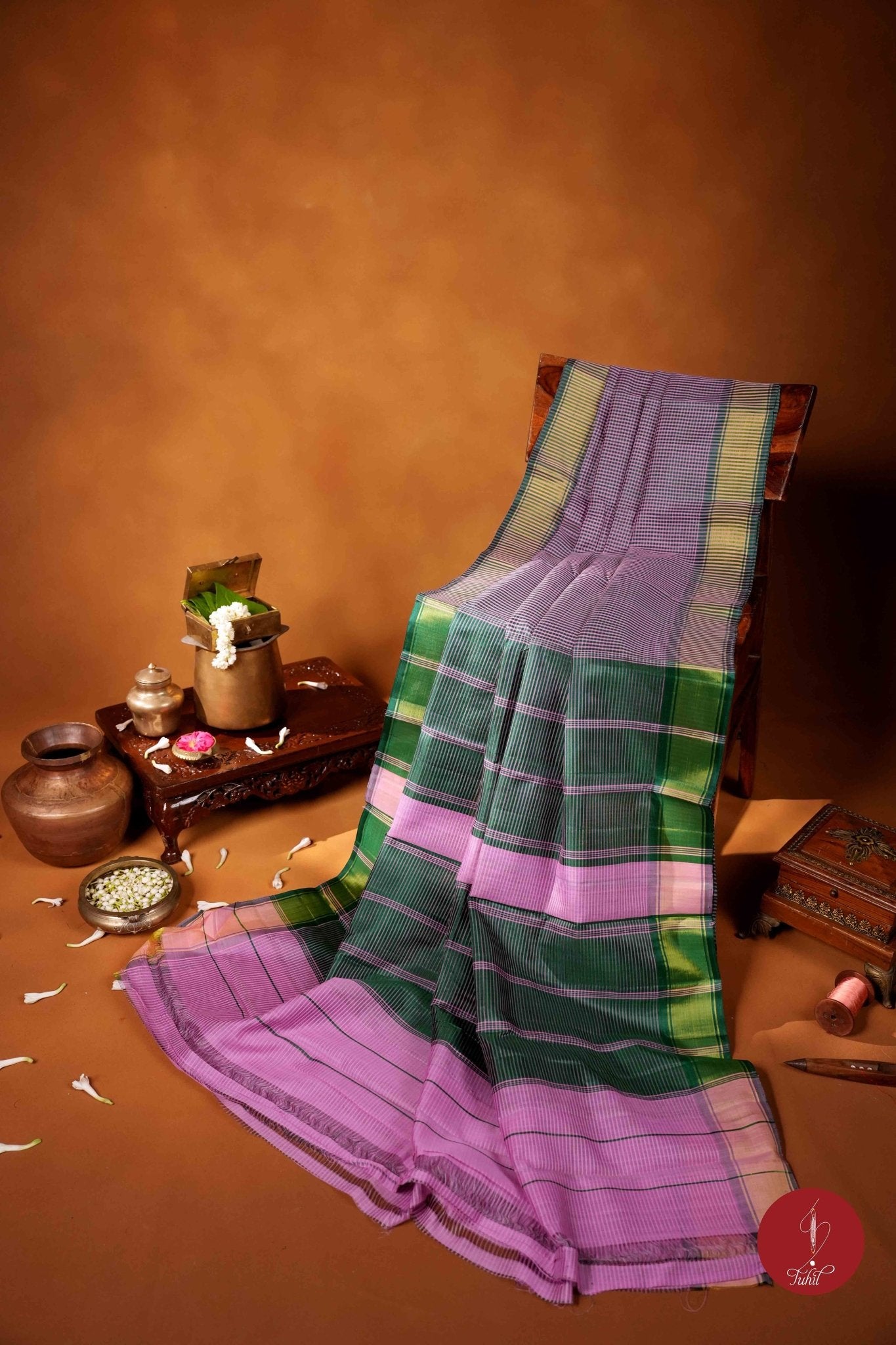Koorainadu Saree - Silk Cotton - Light Pink and Bottle Green - House of Tuhil