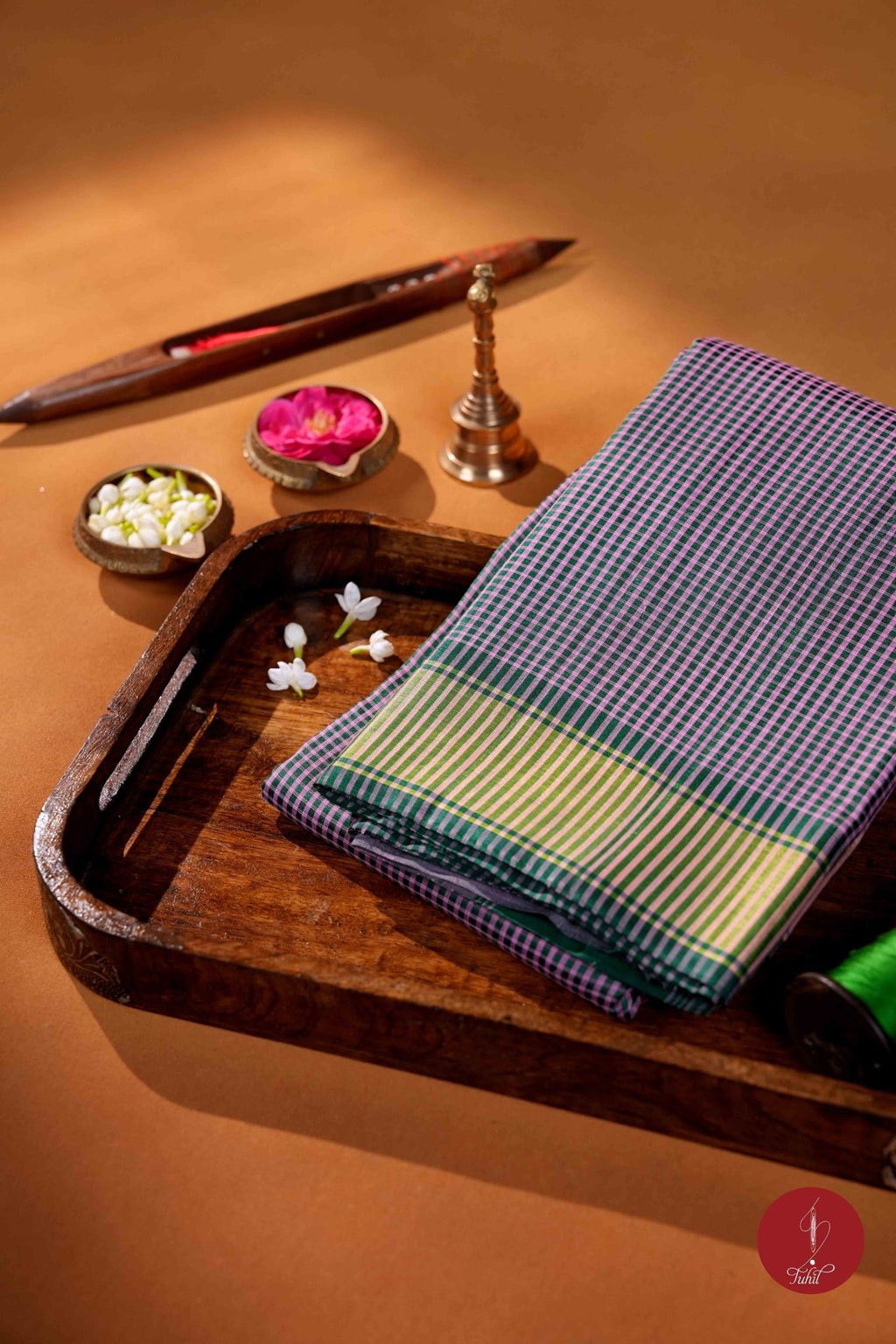 Koorainadu Saree - Silk Cotton - Light Pink and Bottle Green - House of Tuhil