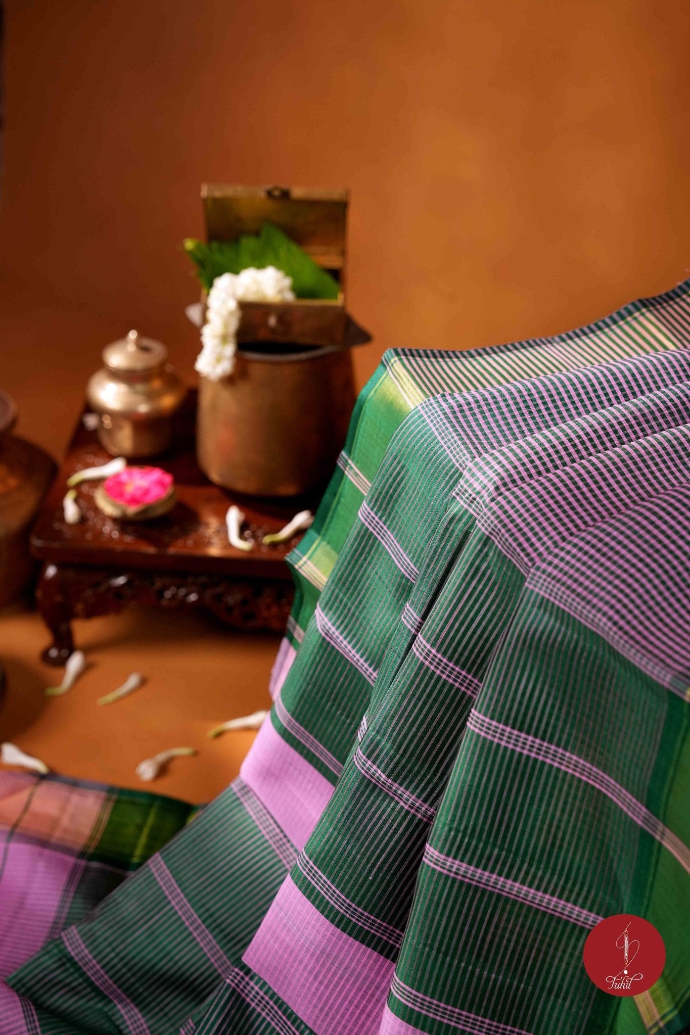 Koorainadu Saree - Silk Cotton - Light Pink and Bottle Green - House of Tuhil