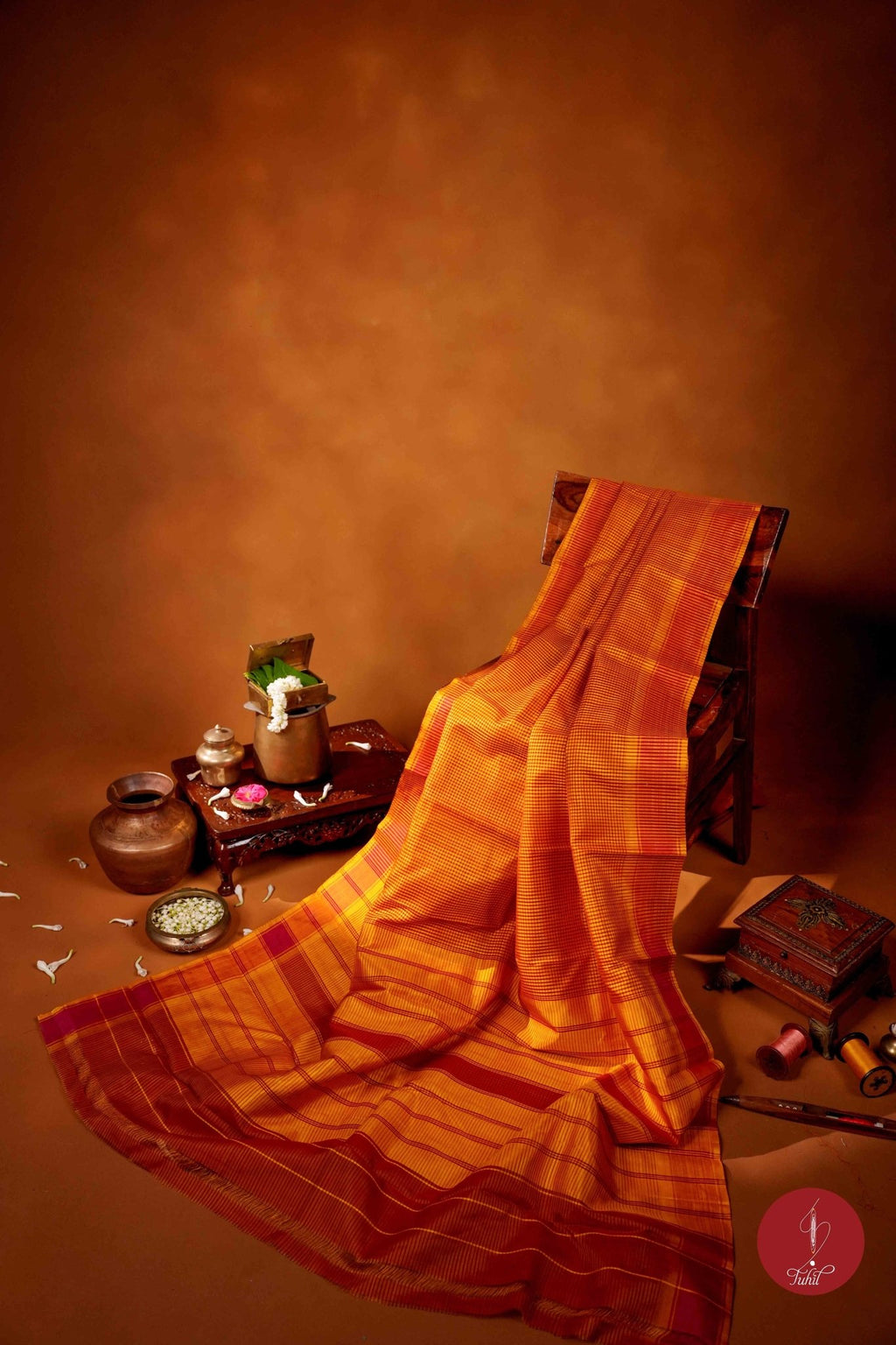 Koorainadu Saree - Silk Cotton - Mustard and Red - House of Tuhil
