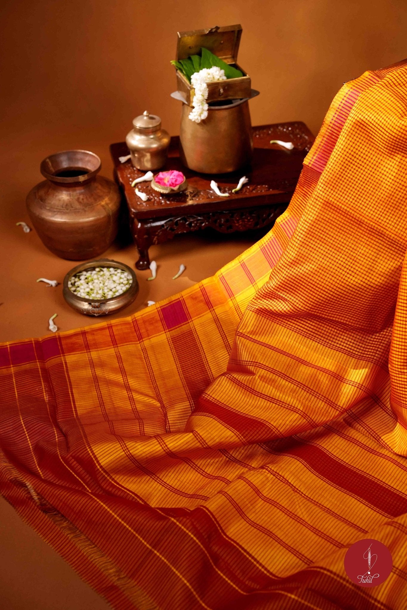 Koorainadu Saree - Silk Cotton - Mustard and Red - House of Tuhil