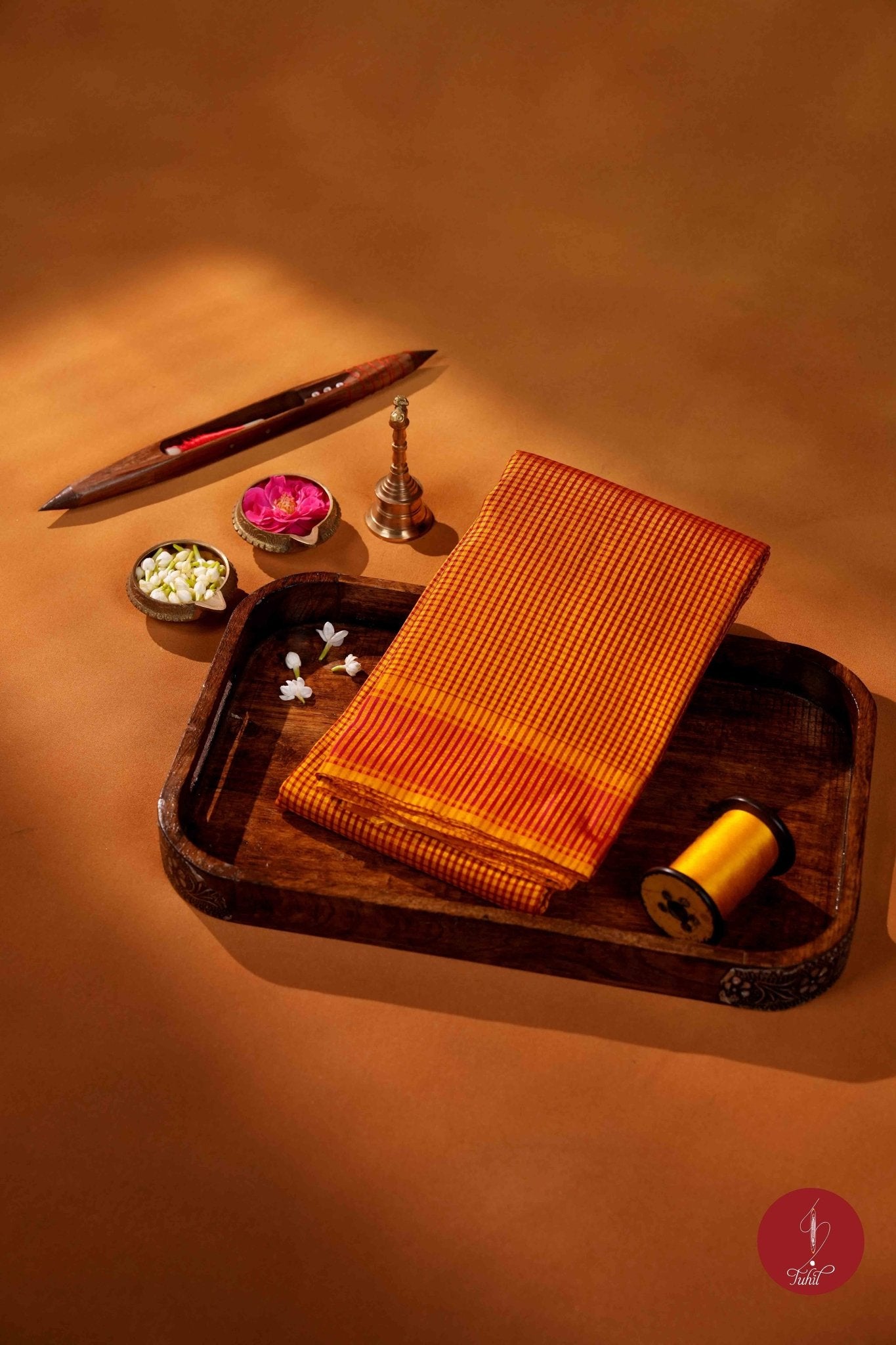 Koorainadu Saree - Silk Cotton - Mustard and Red - House of Tuhil