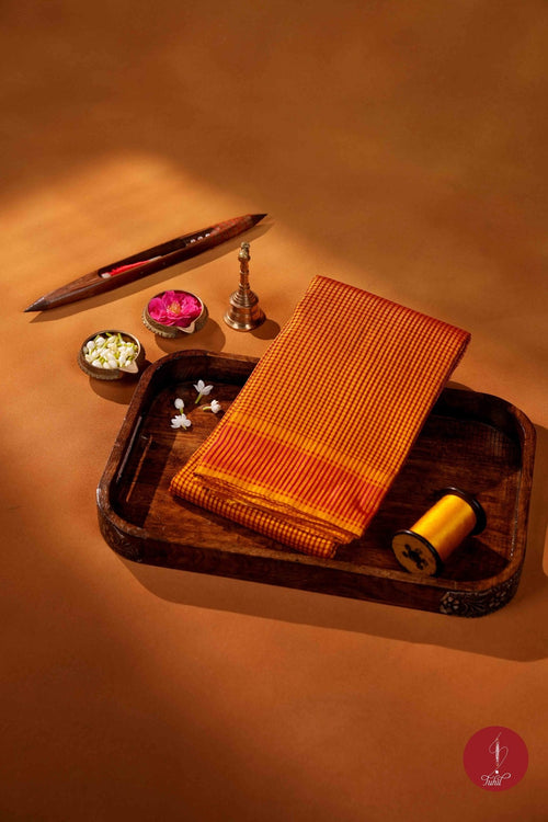 Koorainadu Saree - Silk Cotton - Mustard and Red - House of Tuhil
