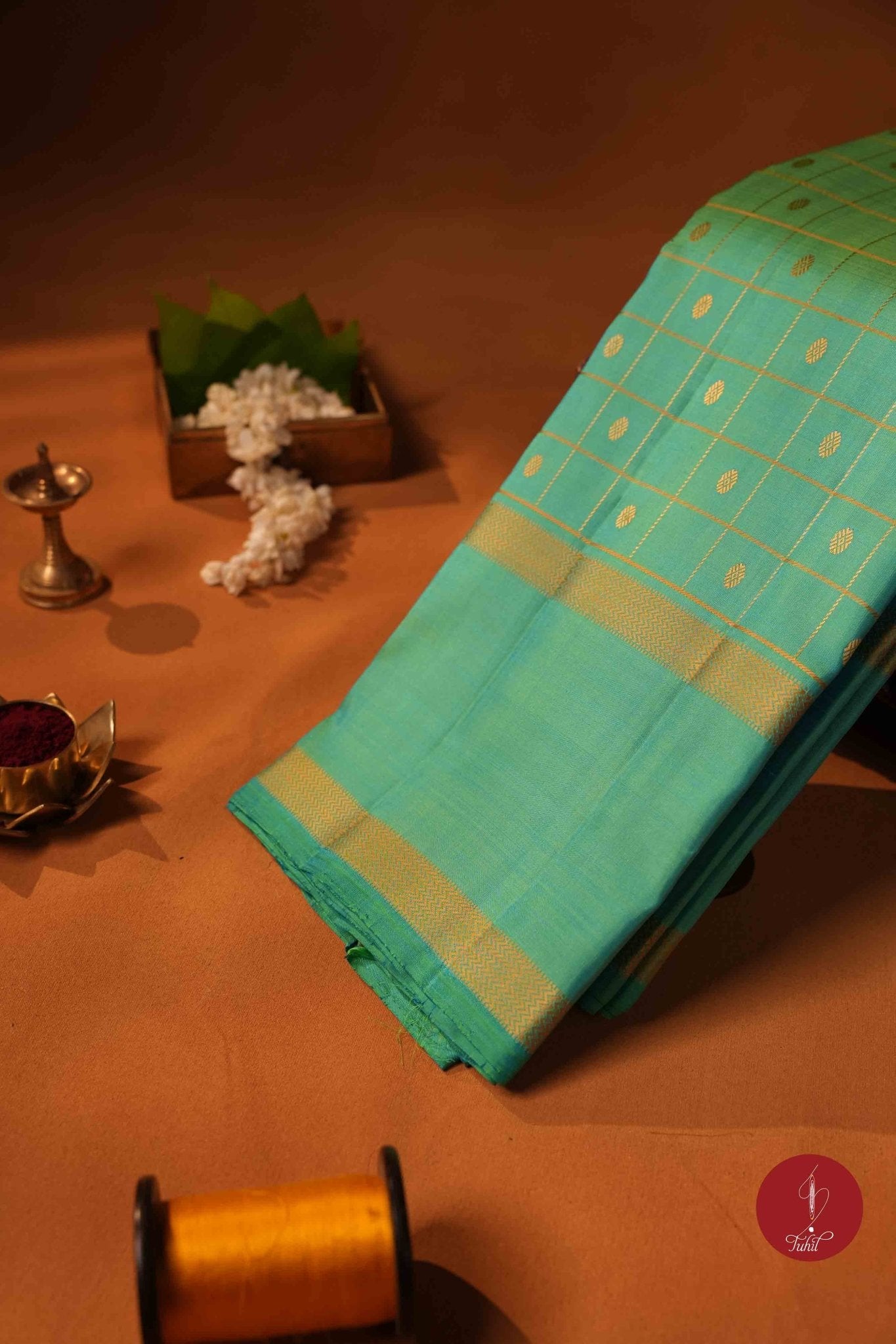 Pure Silk Pure Zari Handloom Kanchipuram Saree - Ananda Blue Green with Dull Gold - House of Tuhil