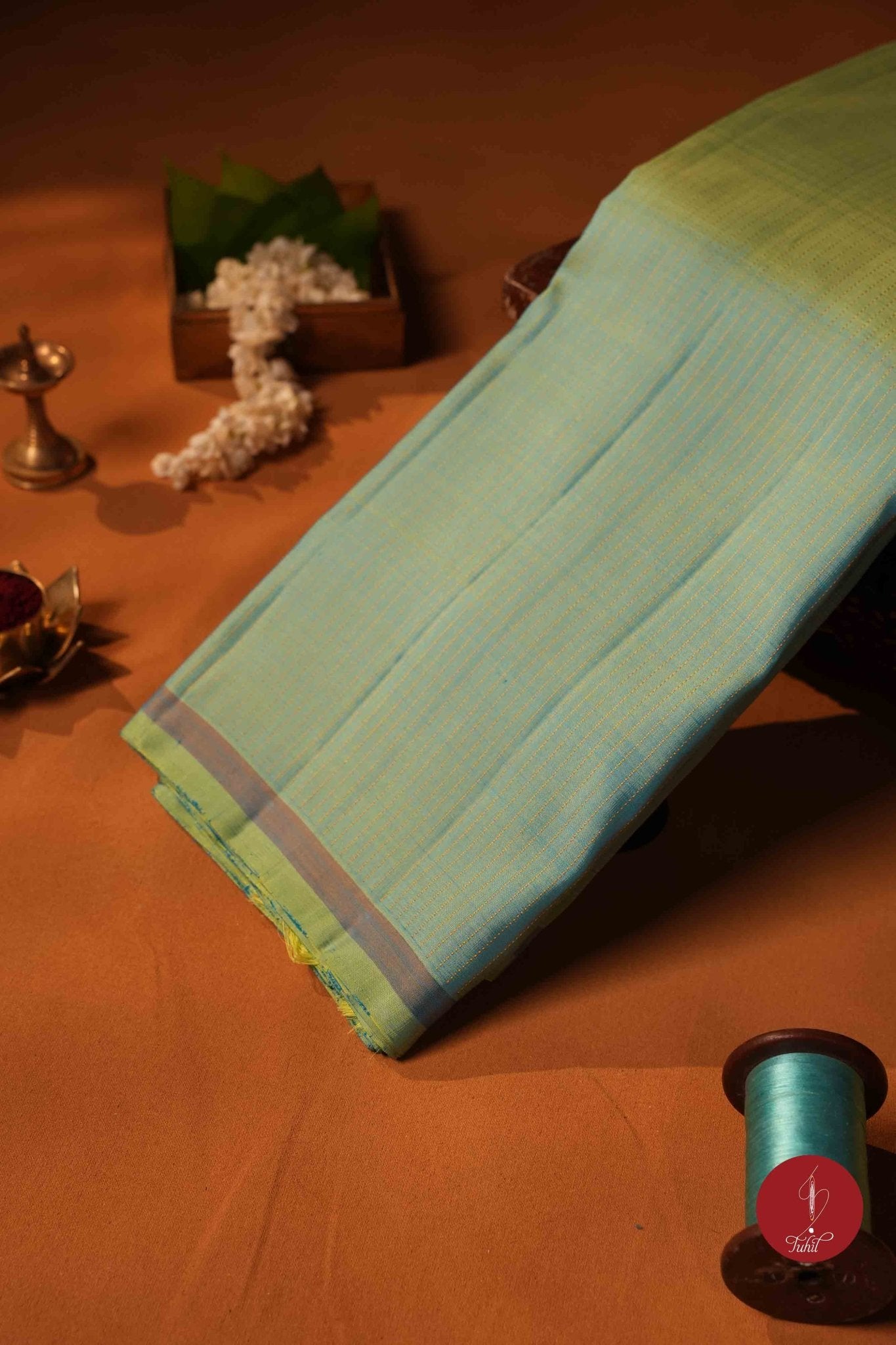 Pure Silk Pure Zari Handloom Kanchipuram Saree - Ananda Blue Green with Dull Gold Muthu Lines - House of Tuhil