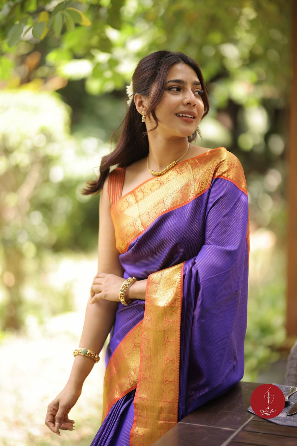 Pure Silk Pure Zari Handloom Kanchipuram Saree - Blue toned Purple with Burnt Orange - House of Tuhil