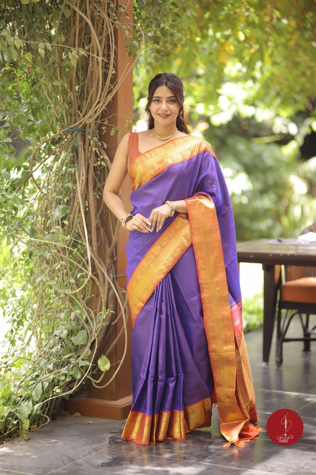 Pure Silk Pure Zari Handloom Kanchipuram Saree - Blue toned Purple with Burnt Orange - House of Tuhil