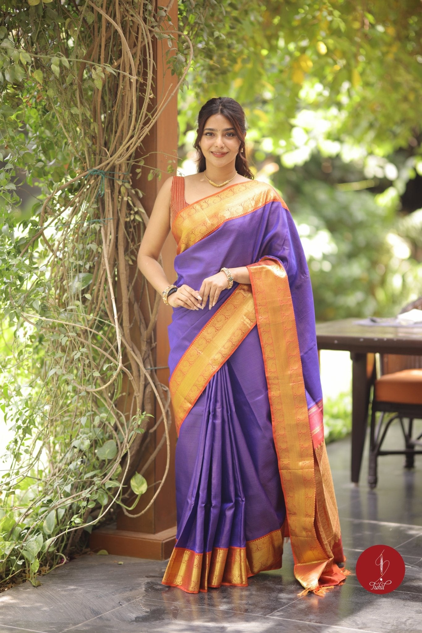 Pure Silk Pure Zari Handloom Kanchipuram Saree - Blue toned Purple with Burnt Orange - House of Tuhil