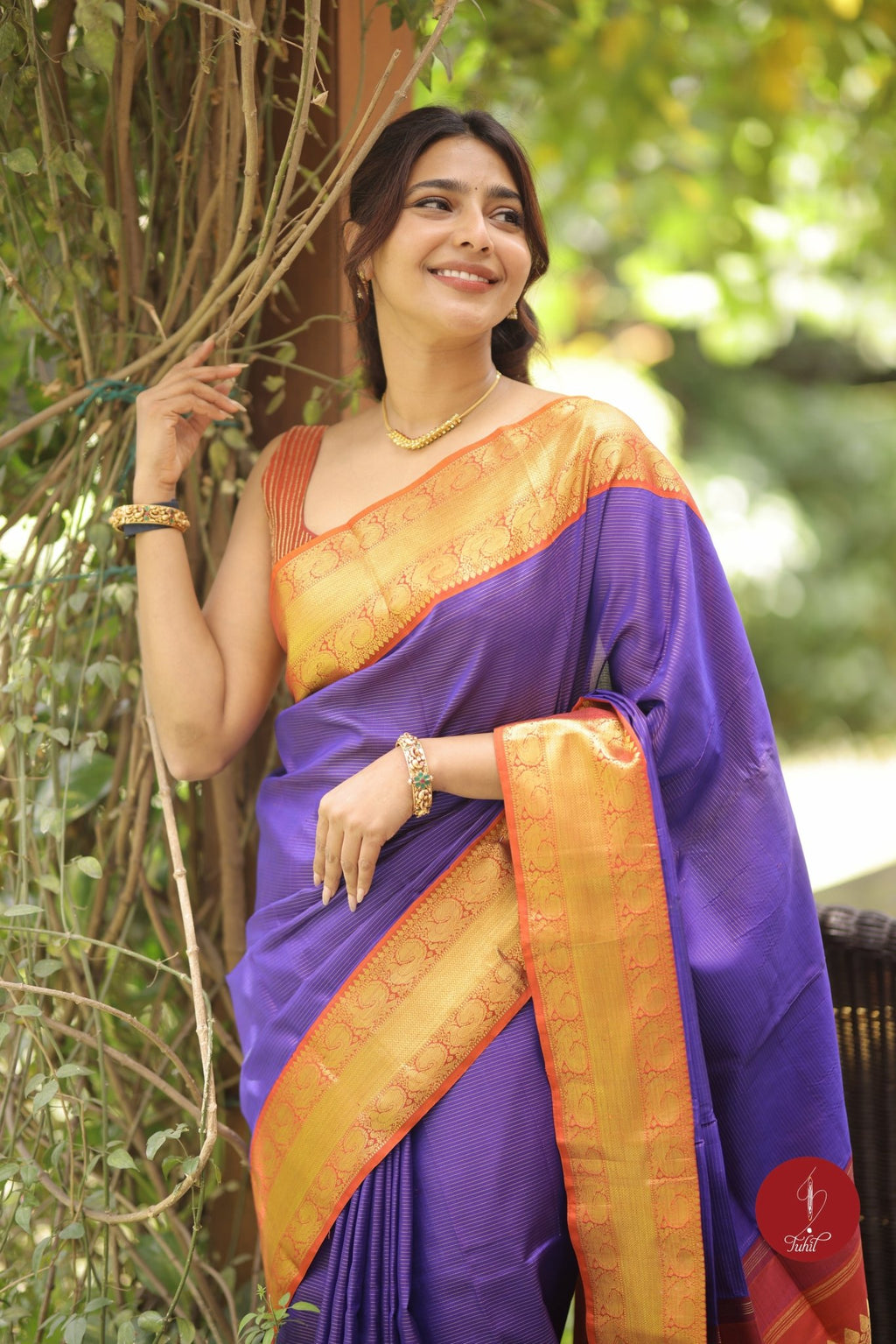 Pure Silk Pure Zari Handloom Kanchipuram Saree - Blue toned Purple with Burnt Orange - House of Tuhil