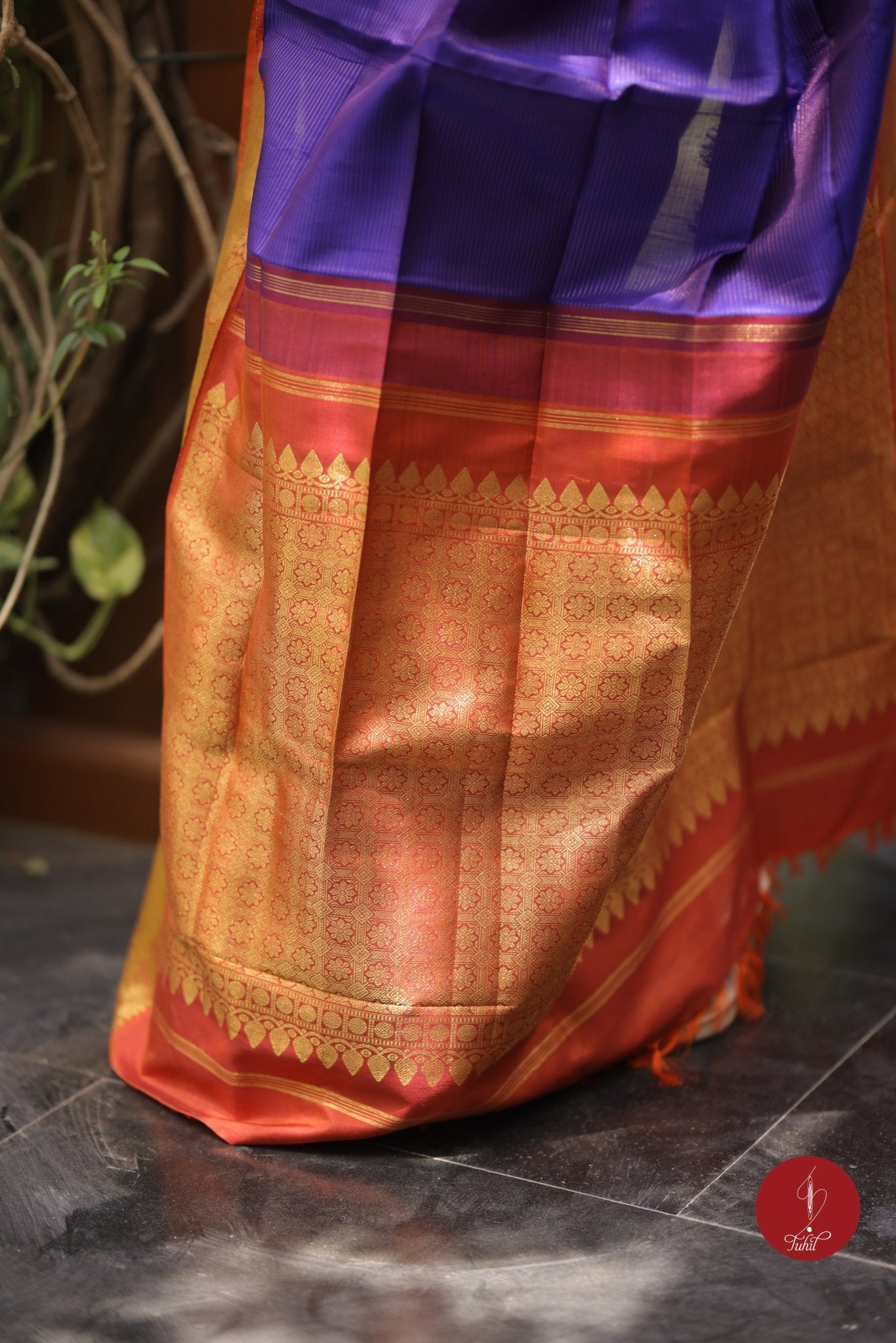 Pure Silk Pure Zari Handloom Kanchipuram Saree - Blue toned Purple with Burnt Orange - House of Tuhil