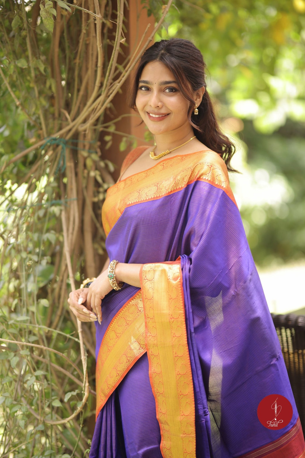 Pure Silk Pure Zari Handloom Kanchipuram Saree - Blue toned Purple with Burnt Orange - House of Tuhil