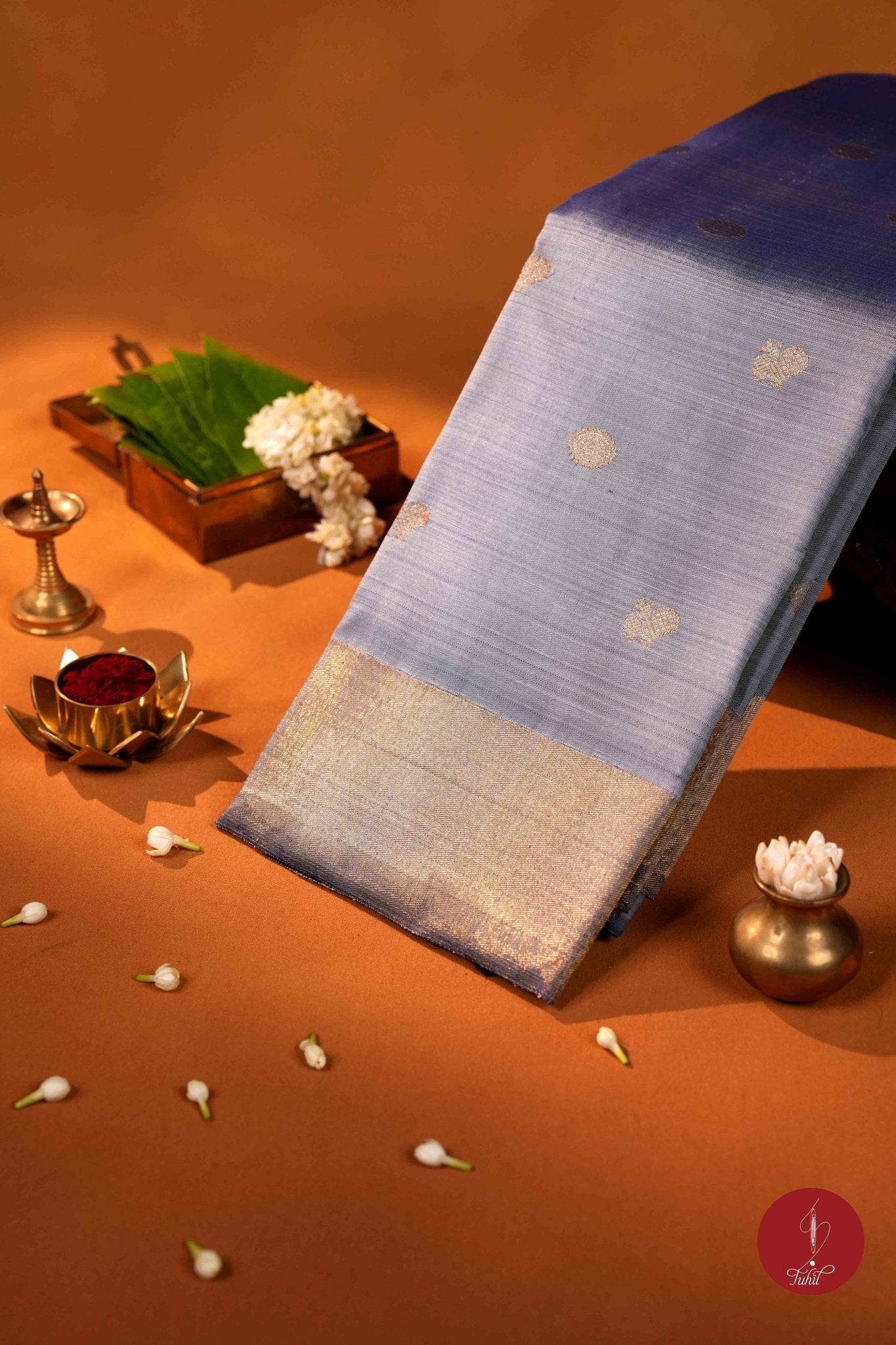 Pure Silk Pure Zari Handloom Kanchipuram Saree - Grey 8 Kol - House of Tuhil