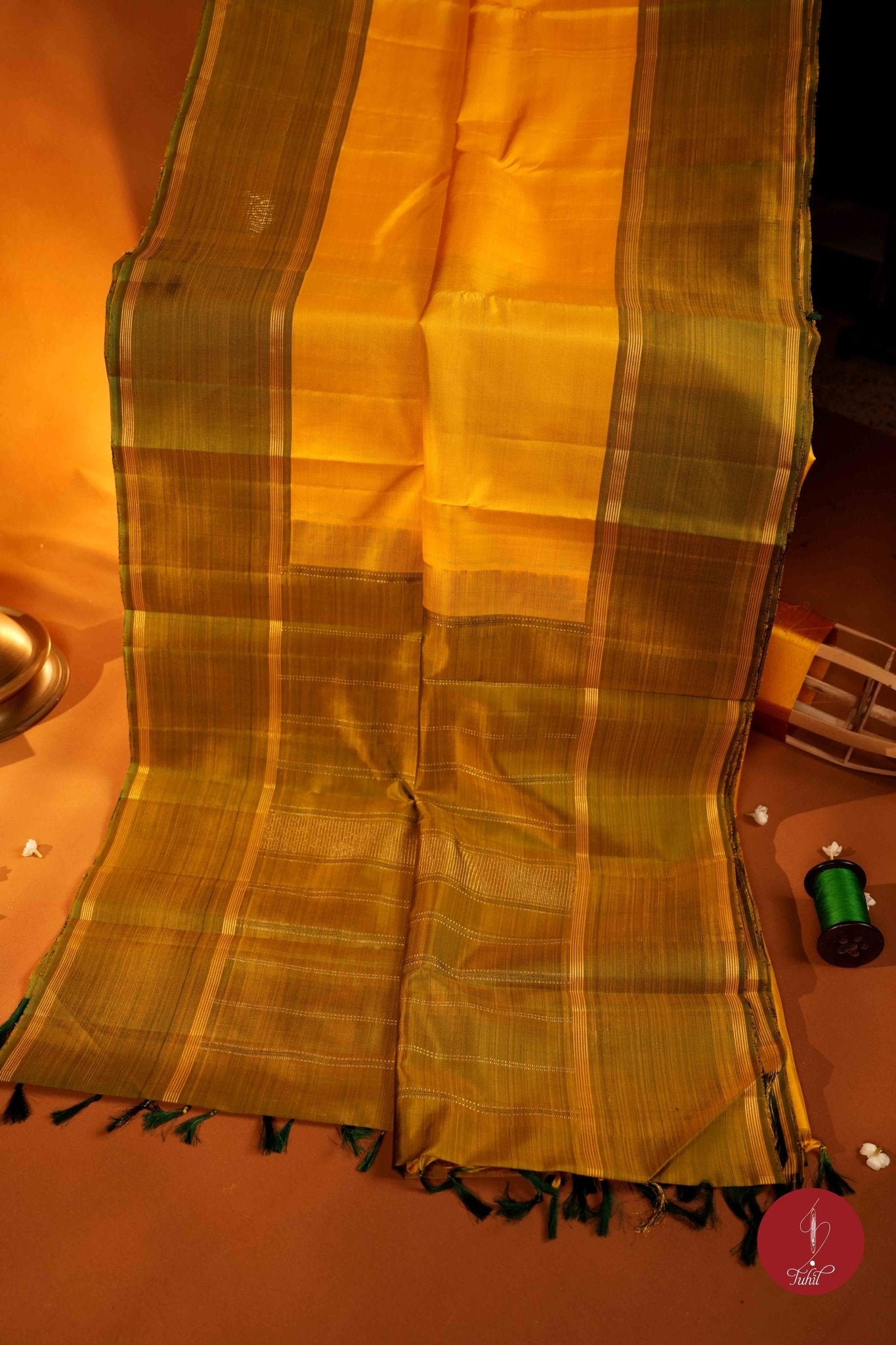 Pure Silk Pure Zari Handloom Kanchipuram Saree - Lemon Yellow with Lemon Green - House of Tuhil
