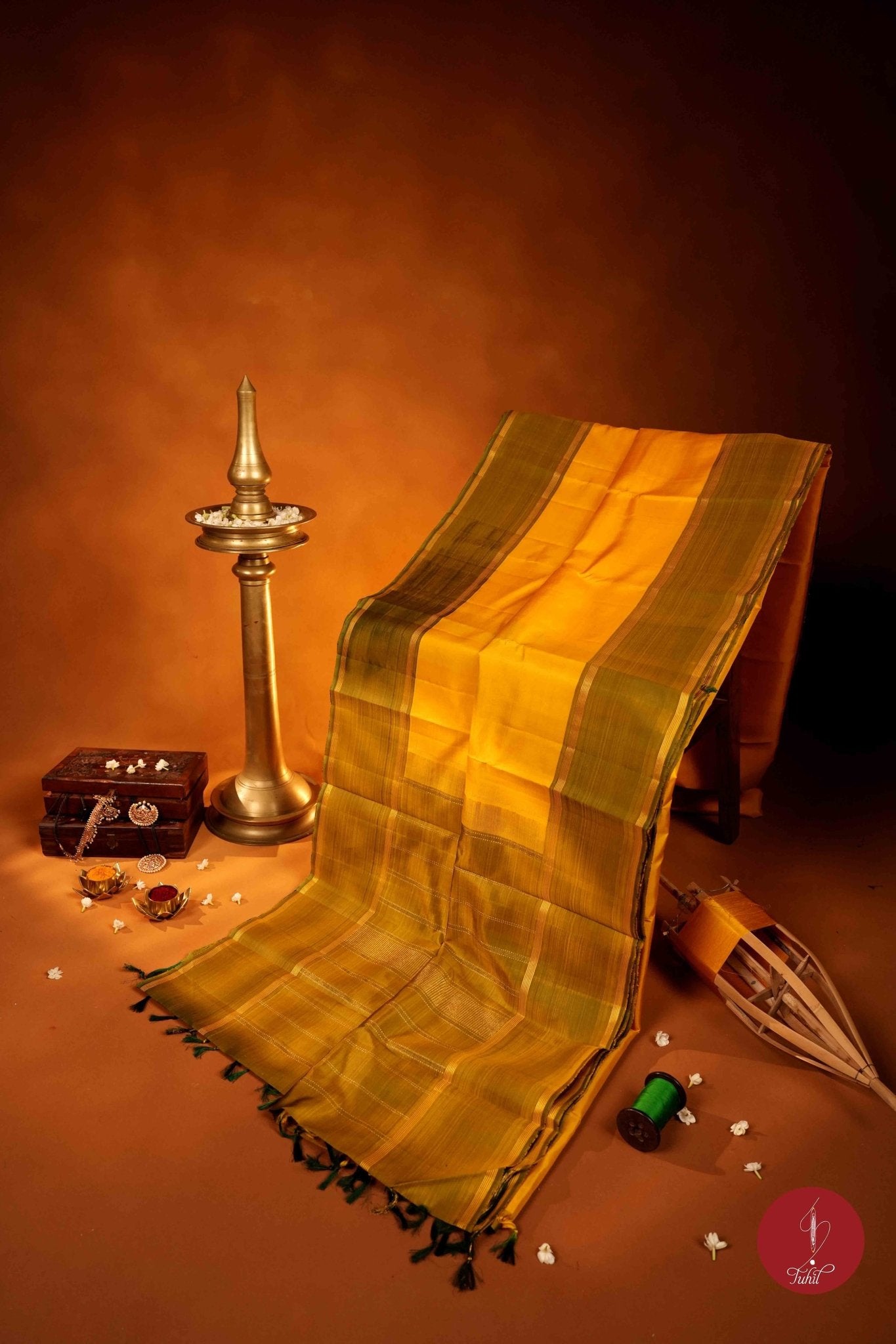 Pure Silk Pure Zari Handloom Kanchipuram Saree - Lemon Yellow with Lemon Green - House of Tuhil