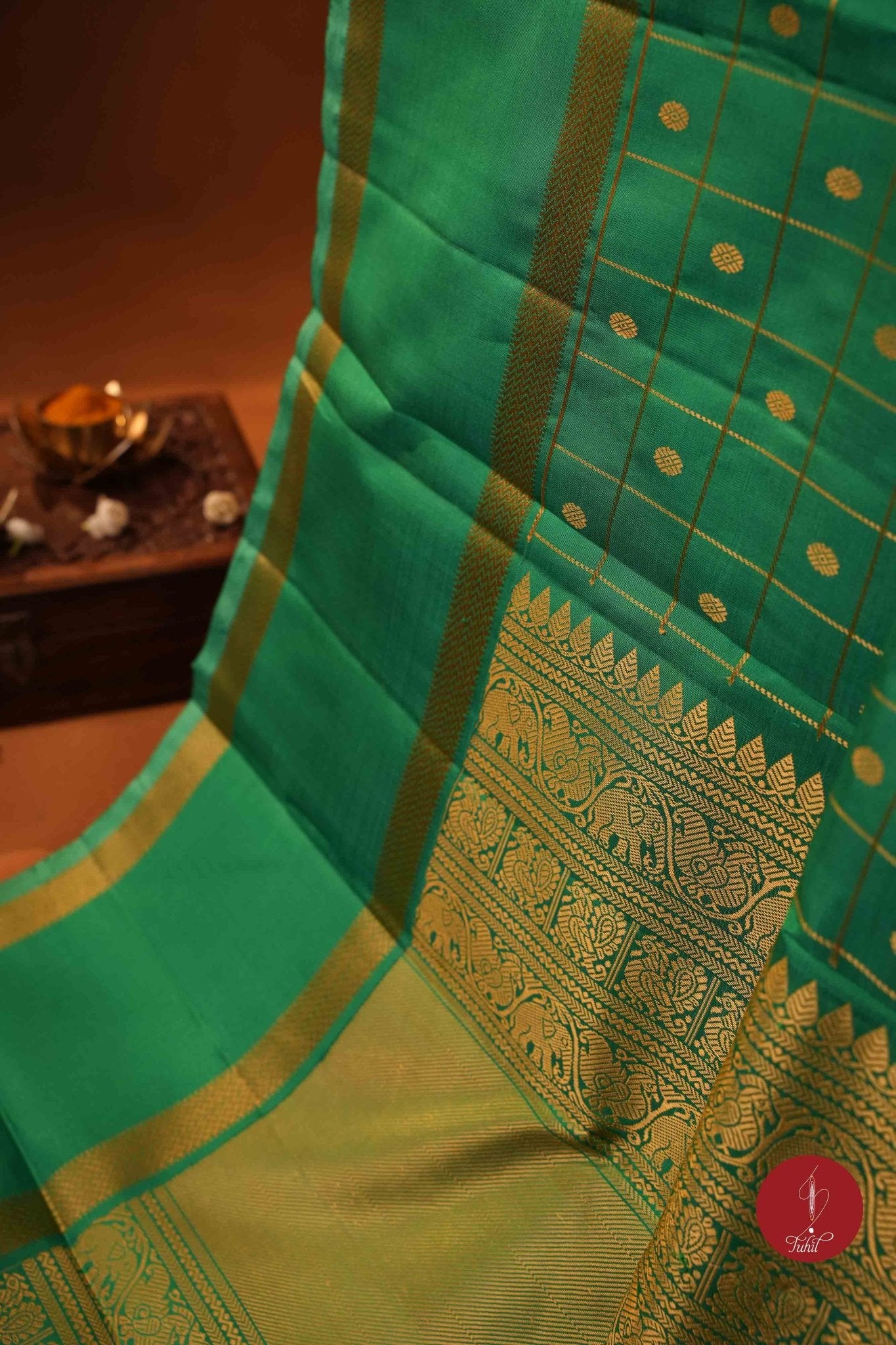 Pure Silk Pure Zari Handloom Kanchipuram Saree - Light Forest Green with Dull Gold - House of Tuhil